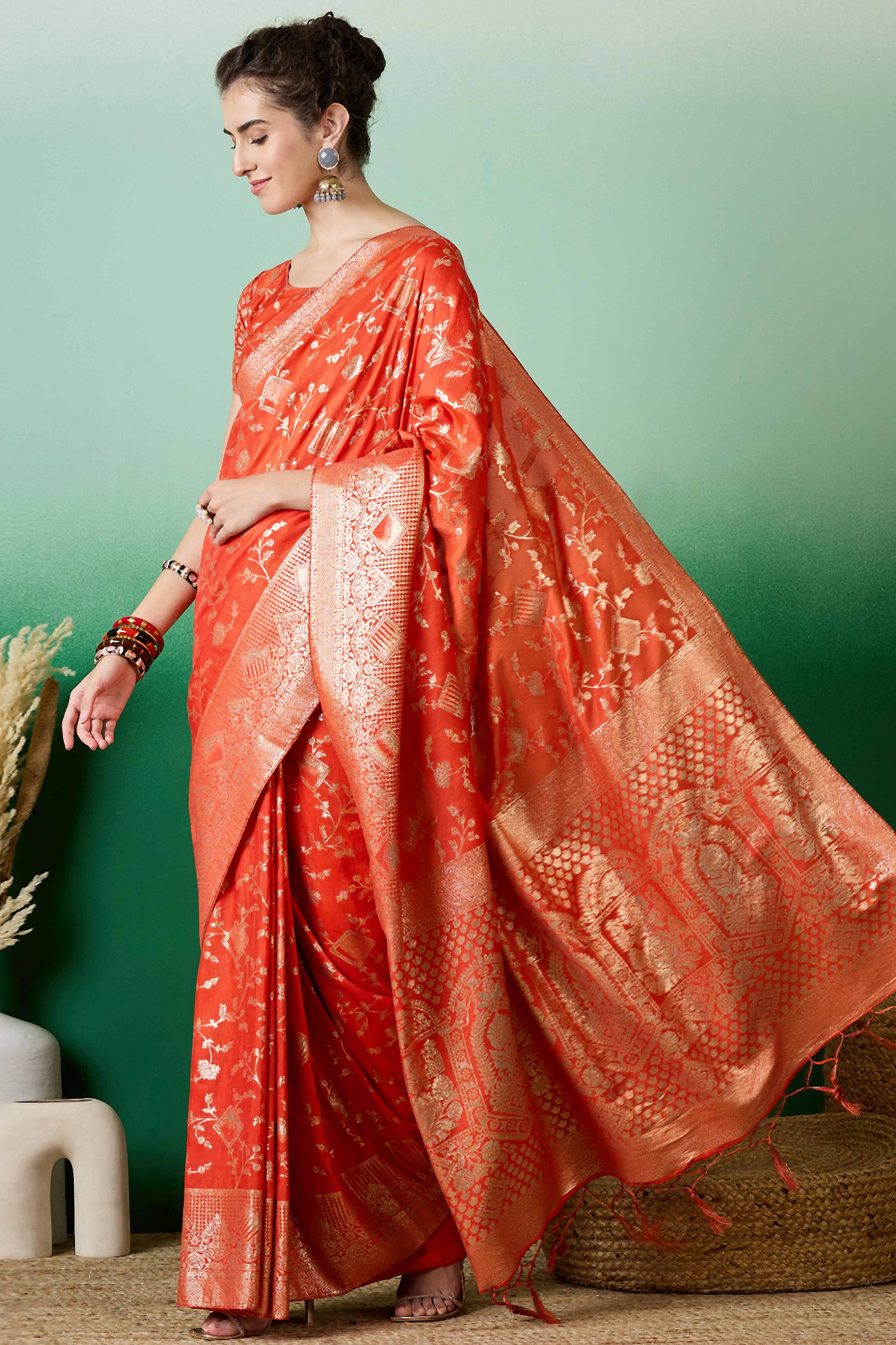 Orange Cotton Blend Saree With Intricate Floral Zari Weaving & Soft Tassel