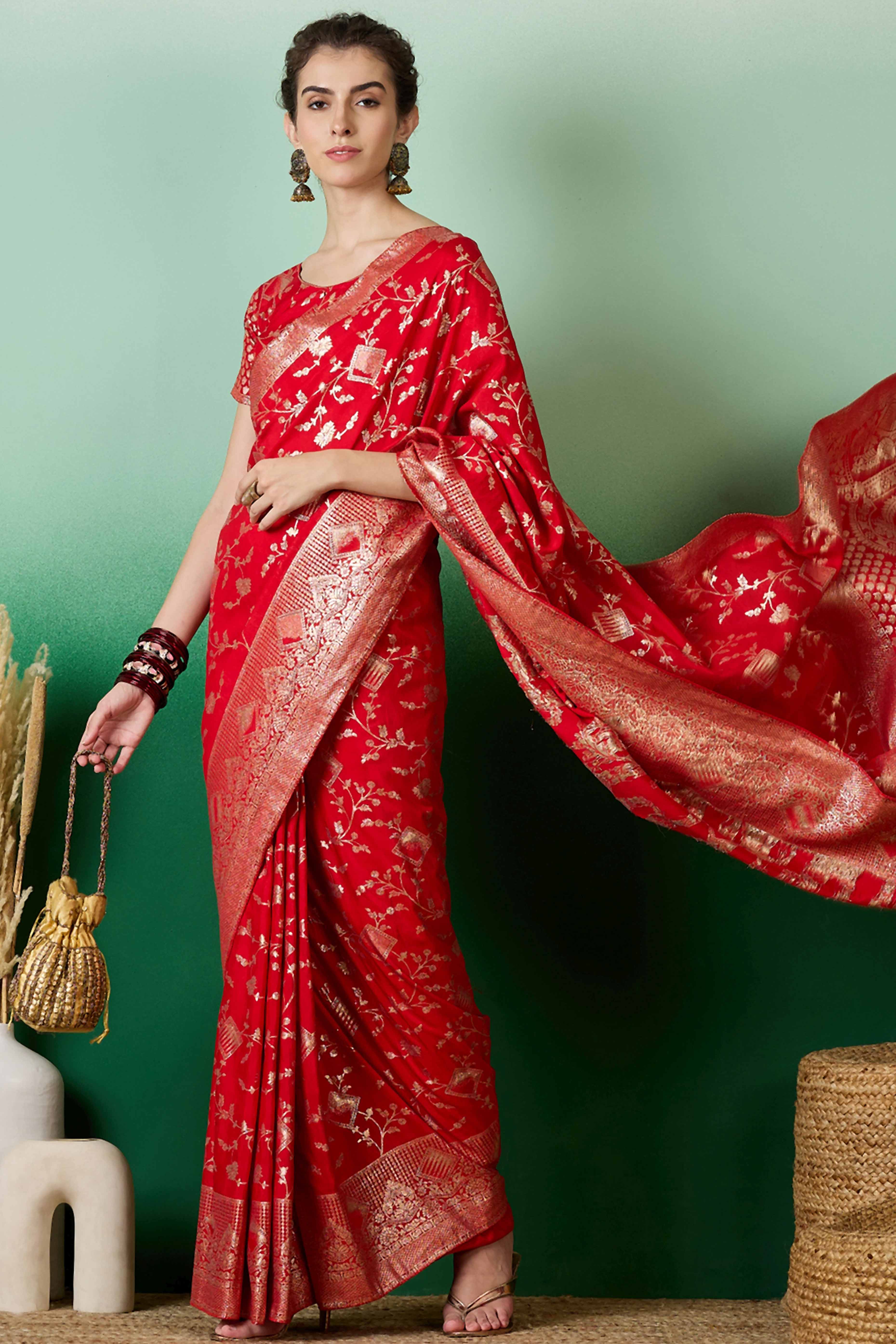 Red Cotton Blend Saree With Intricate Floral Zari Weaving & Soft Tassel