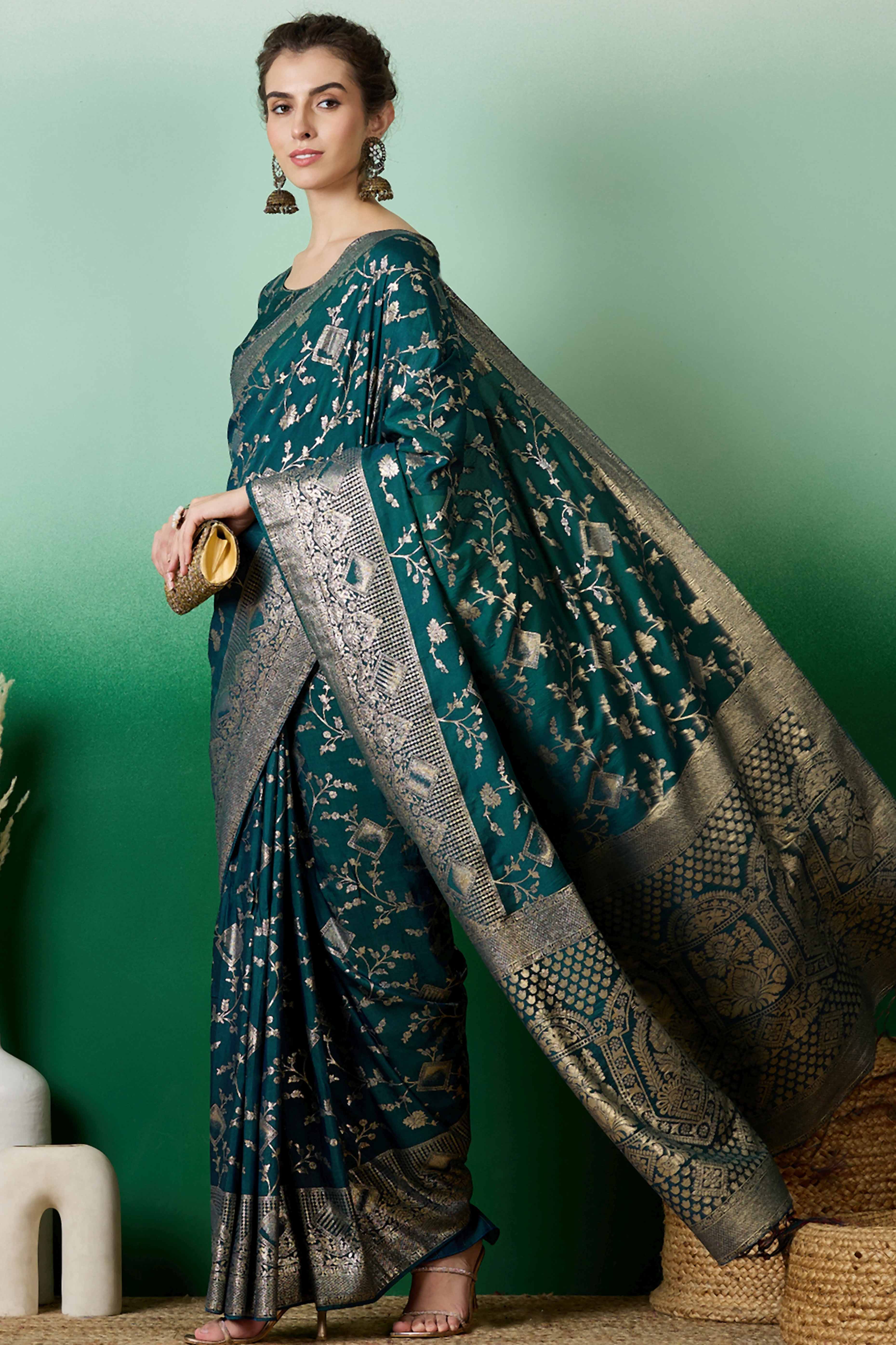 Deep Teal Green Cotton Blend Saree With Intricate Floral Zari Weaving & Soft Tassel