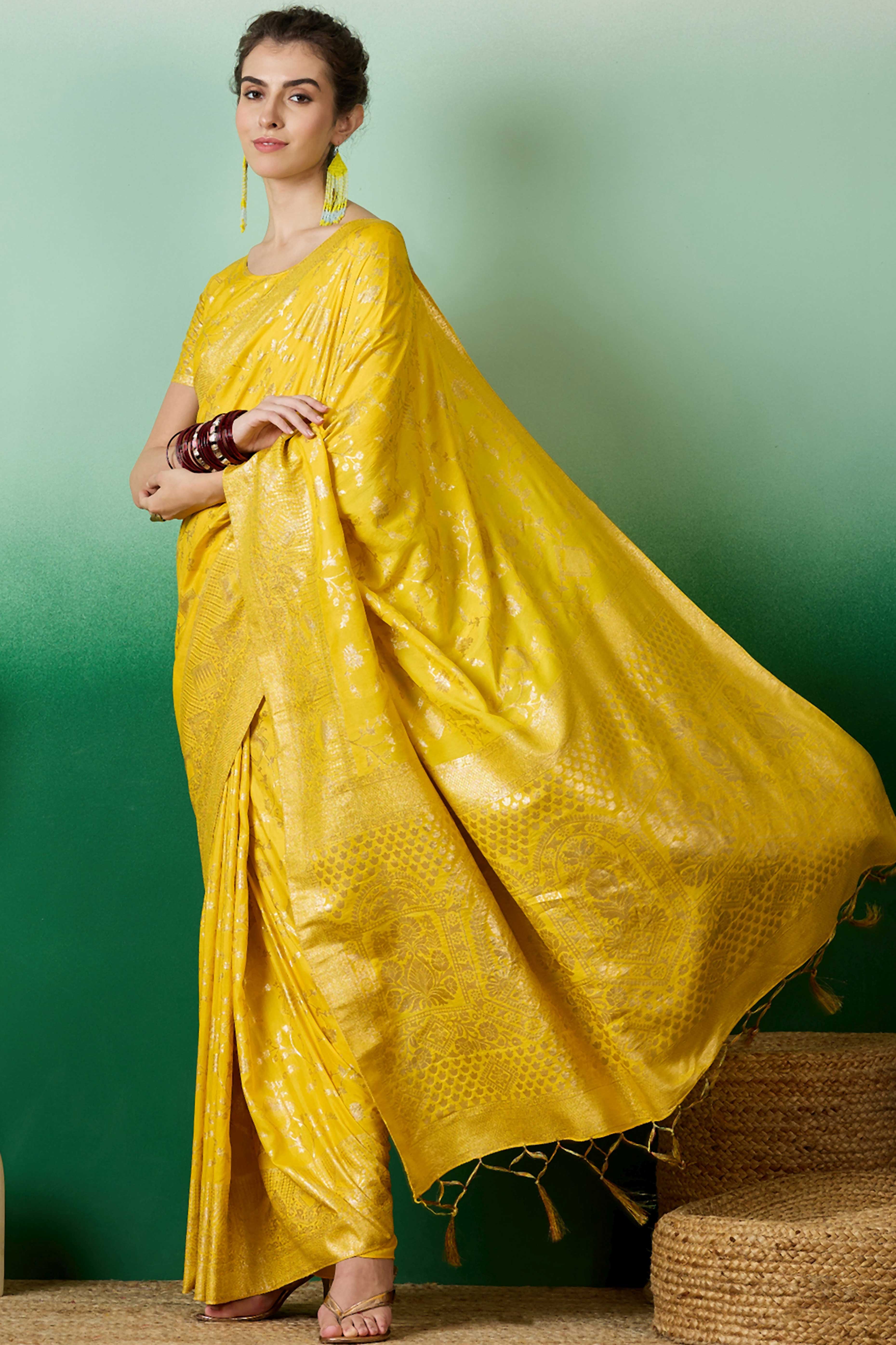 Yellow Cotton Blend Saree With Intricate Floral Zari Weaving & Soft Tassel