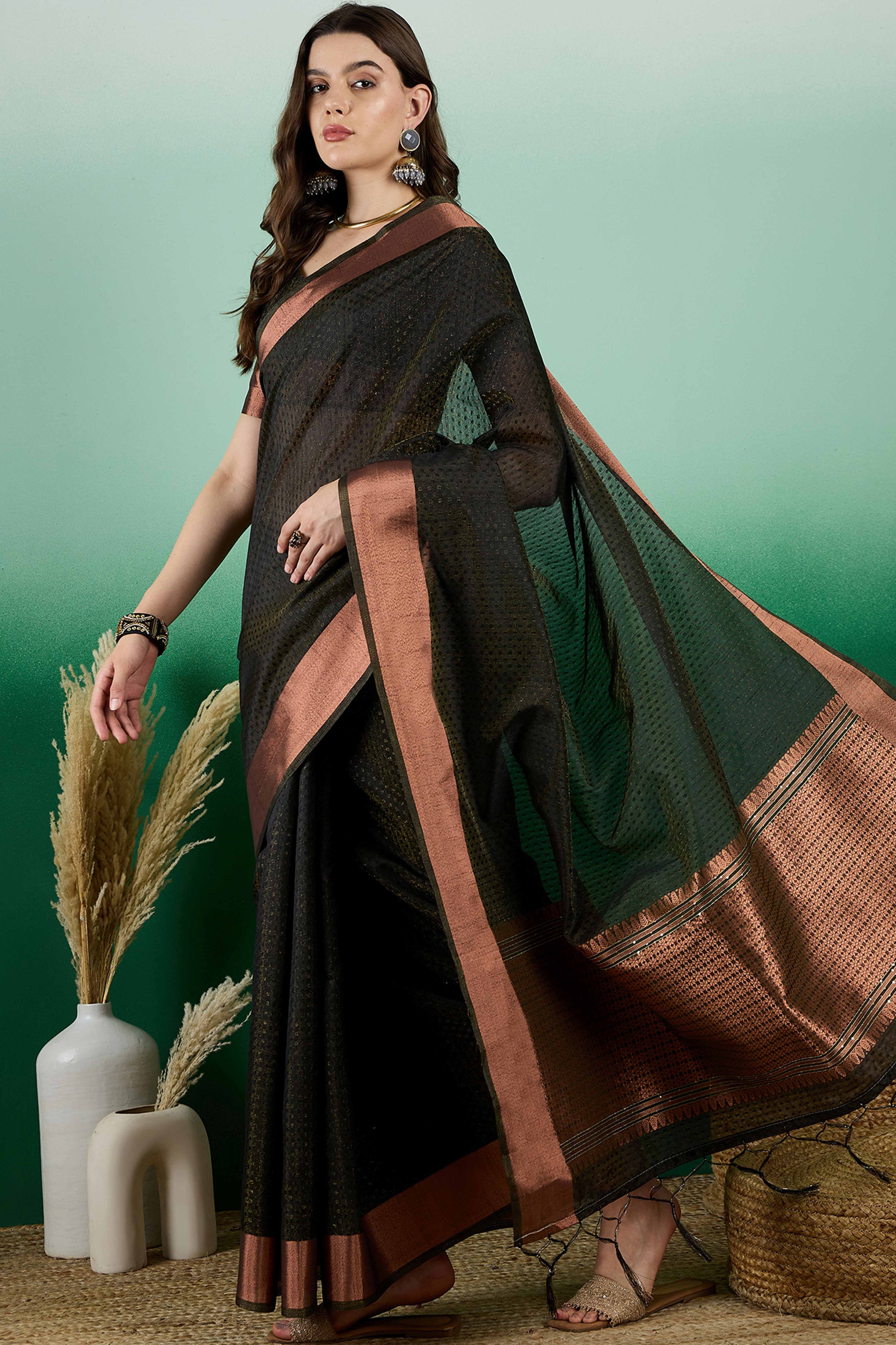 Black Khadi Organza Saree Intricate Weaving & Sparkling Sequins with Tassel Pallu