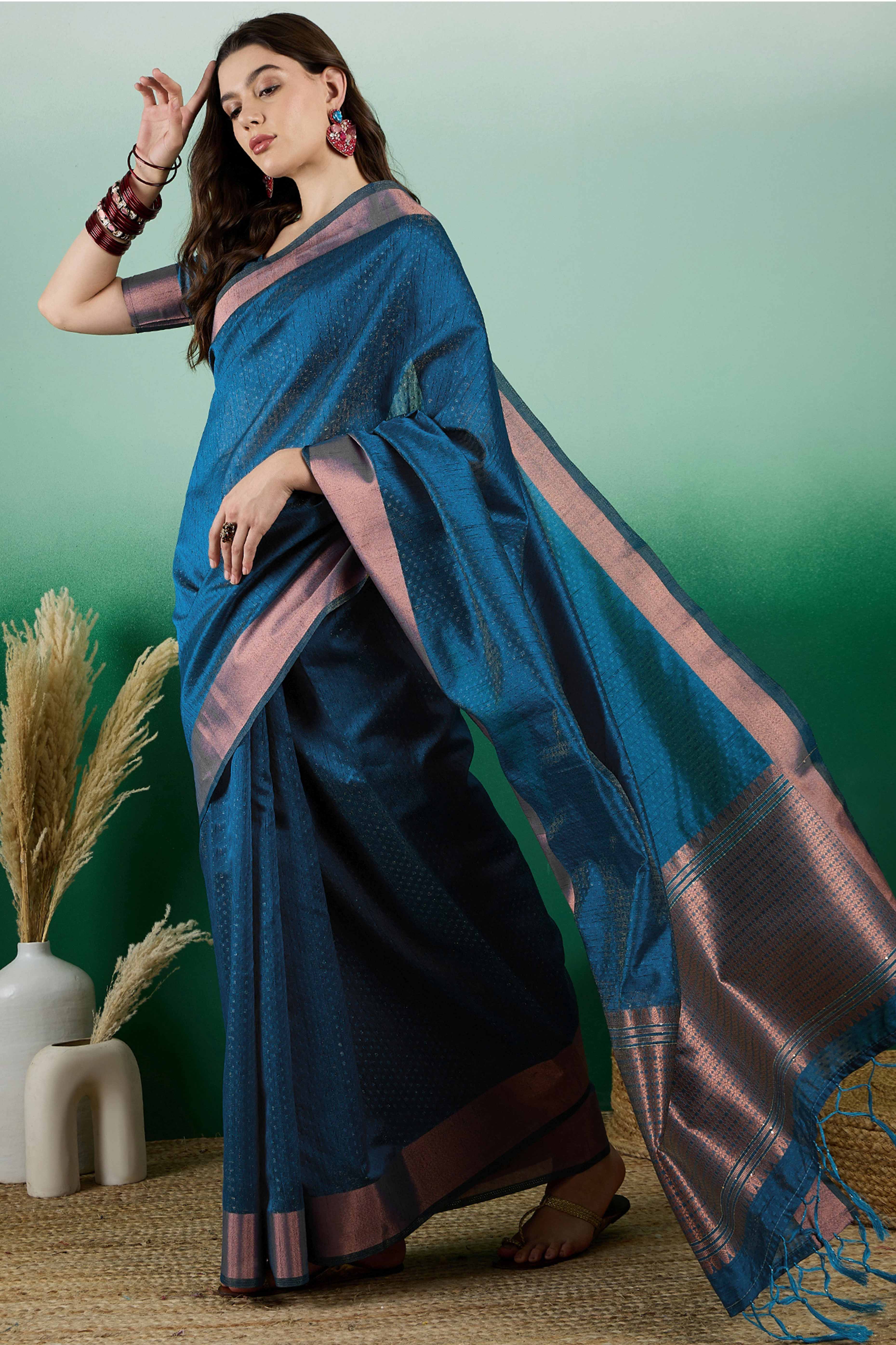 Blue Khadi Organza Saree Intricate Weaving & Sparkling Sequins with Tassel Pallu
