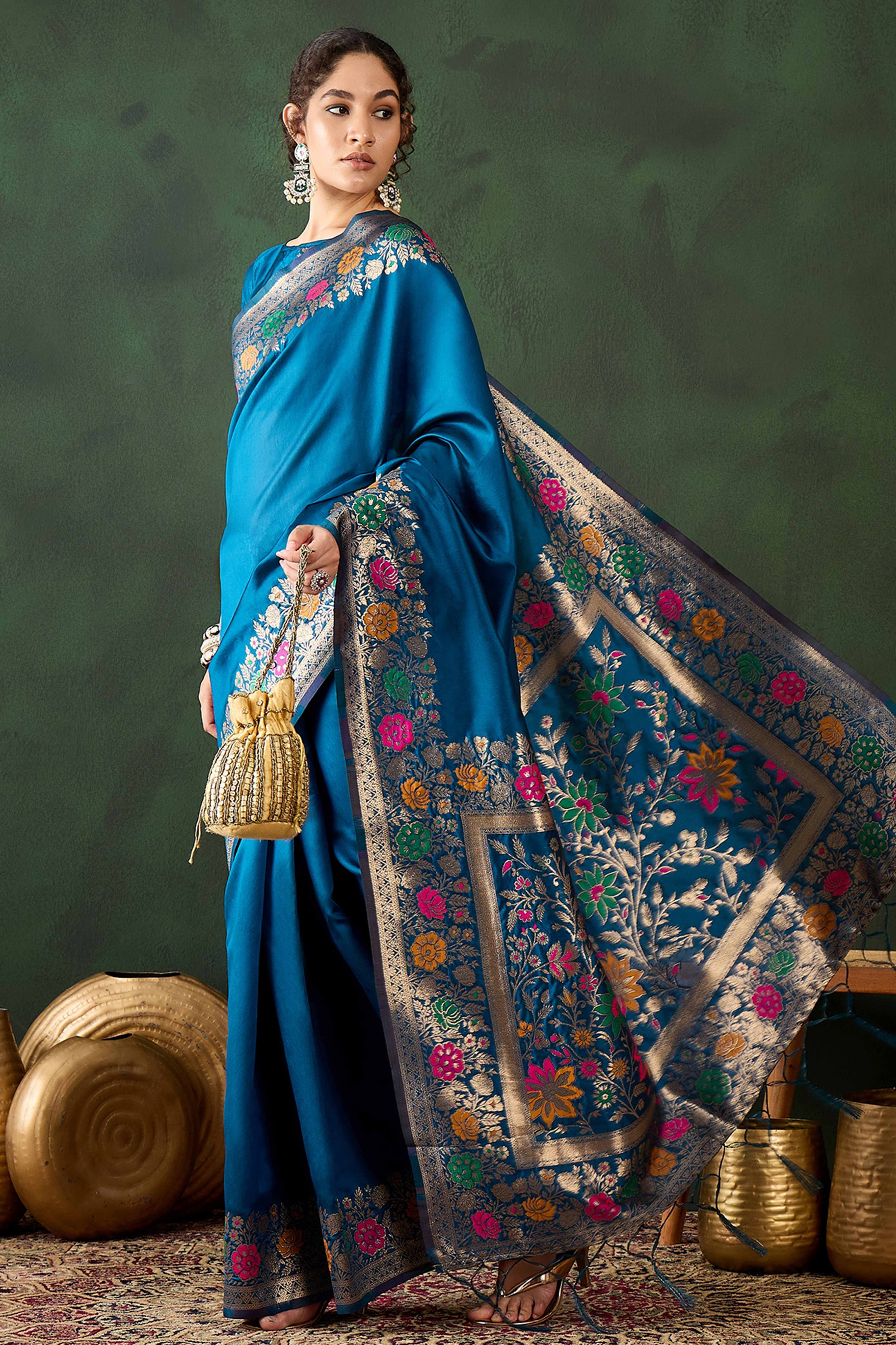 Blue Saree In Poly Silk Blend Featuring Floral Zari Weaving & Tassel Accents
