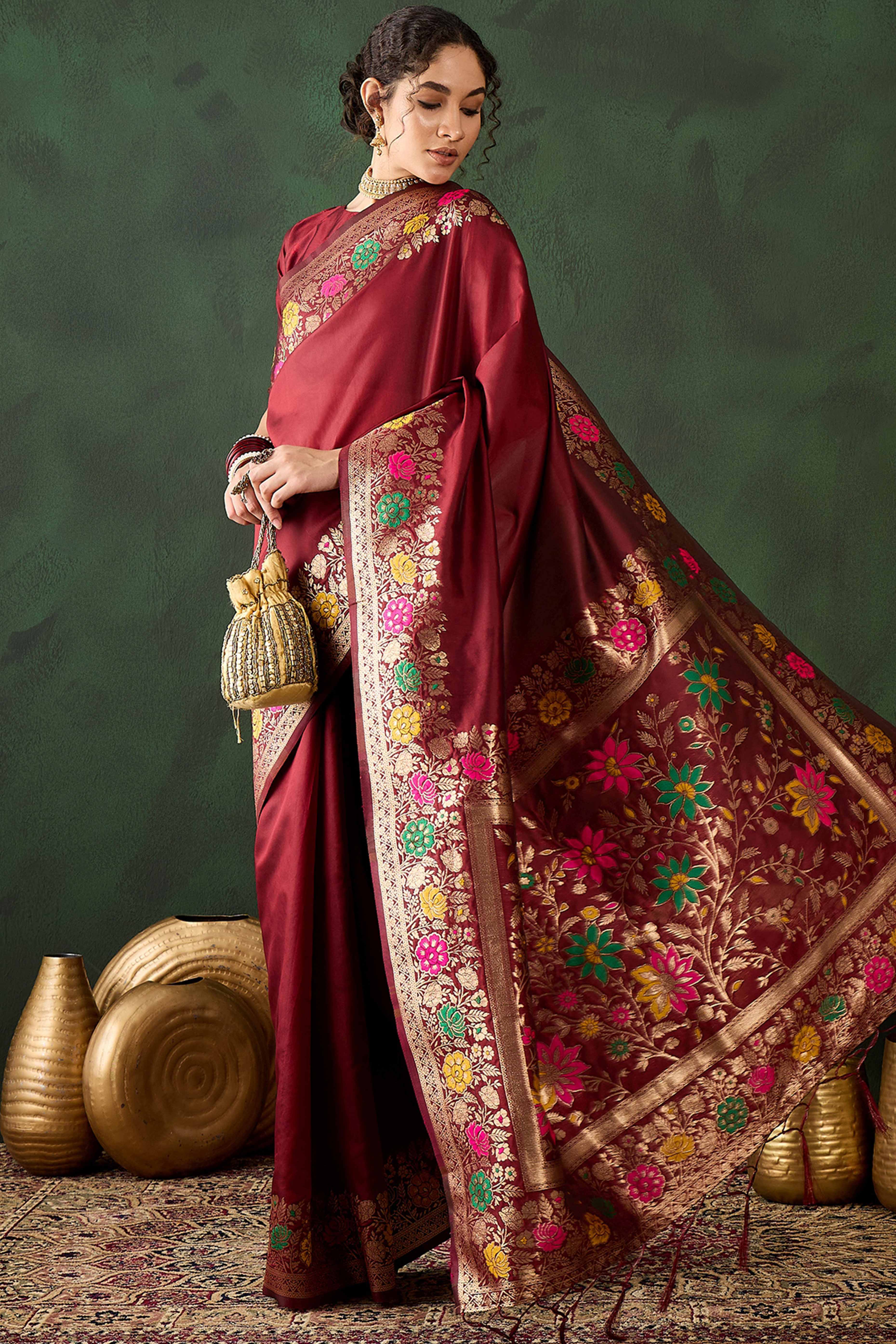 Maroon Saree In Poly Silk Blend Featuring Floral Zari Weaving & Tassel Accents