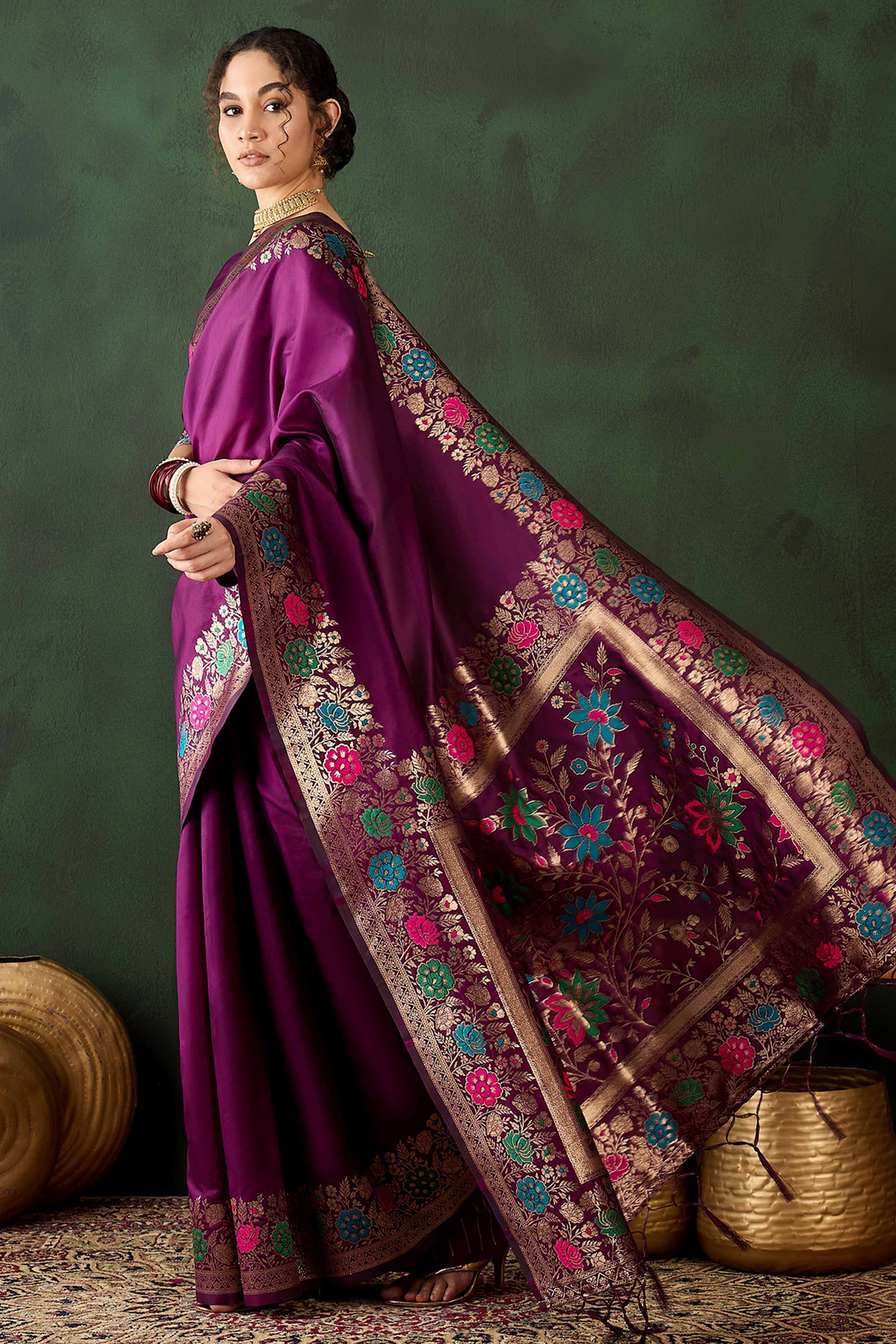 Purple Saree In Poly Silk Blend Featuring Floral Zari Weaving & Tassel Accents
