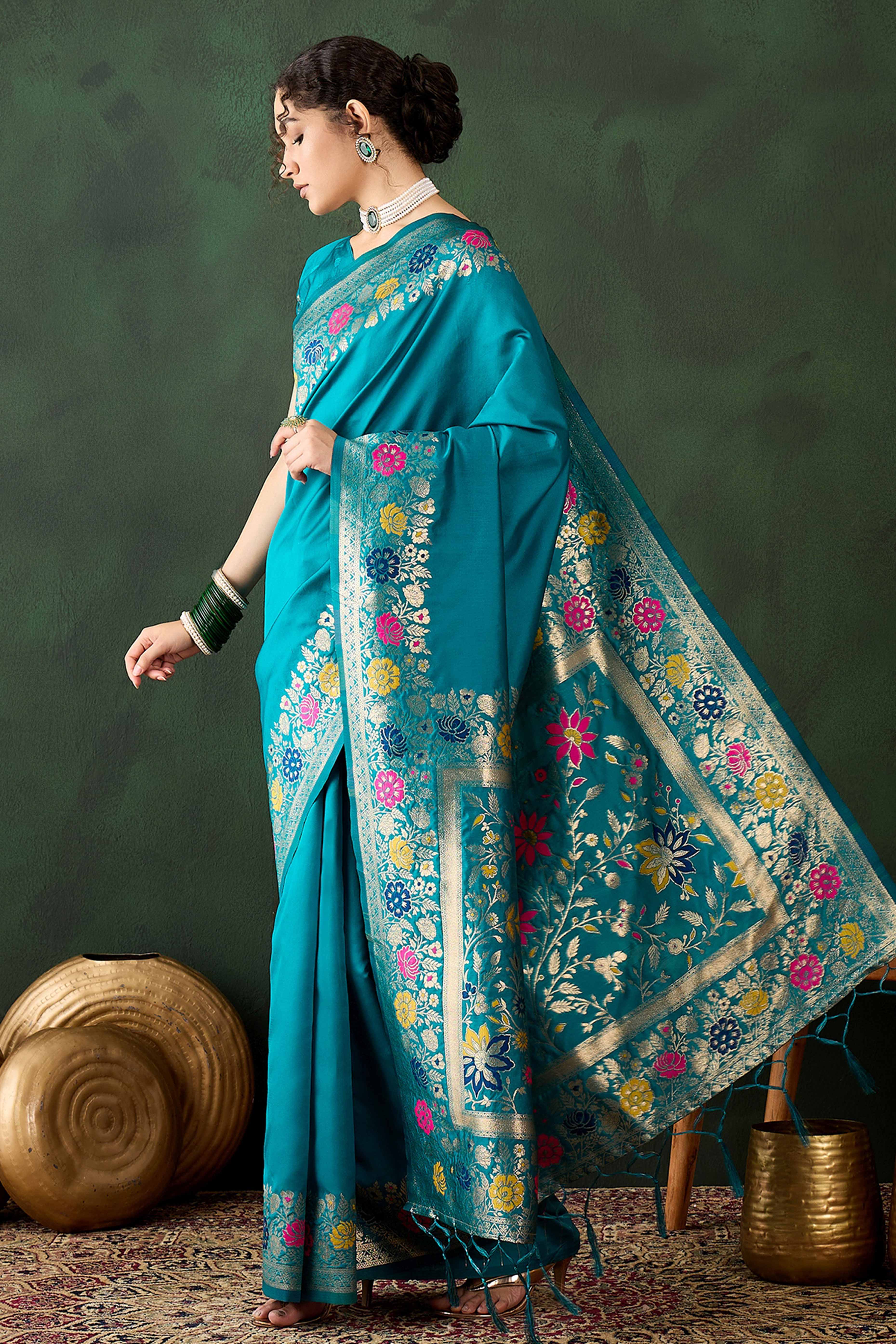 Rama Blue Saree In Poly Silk Blend Featuring Floral Zari Weaving & Tassel Accents
