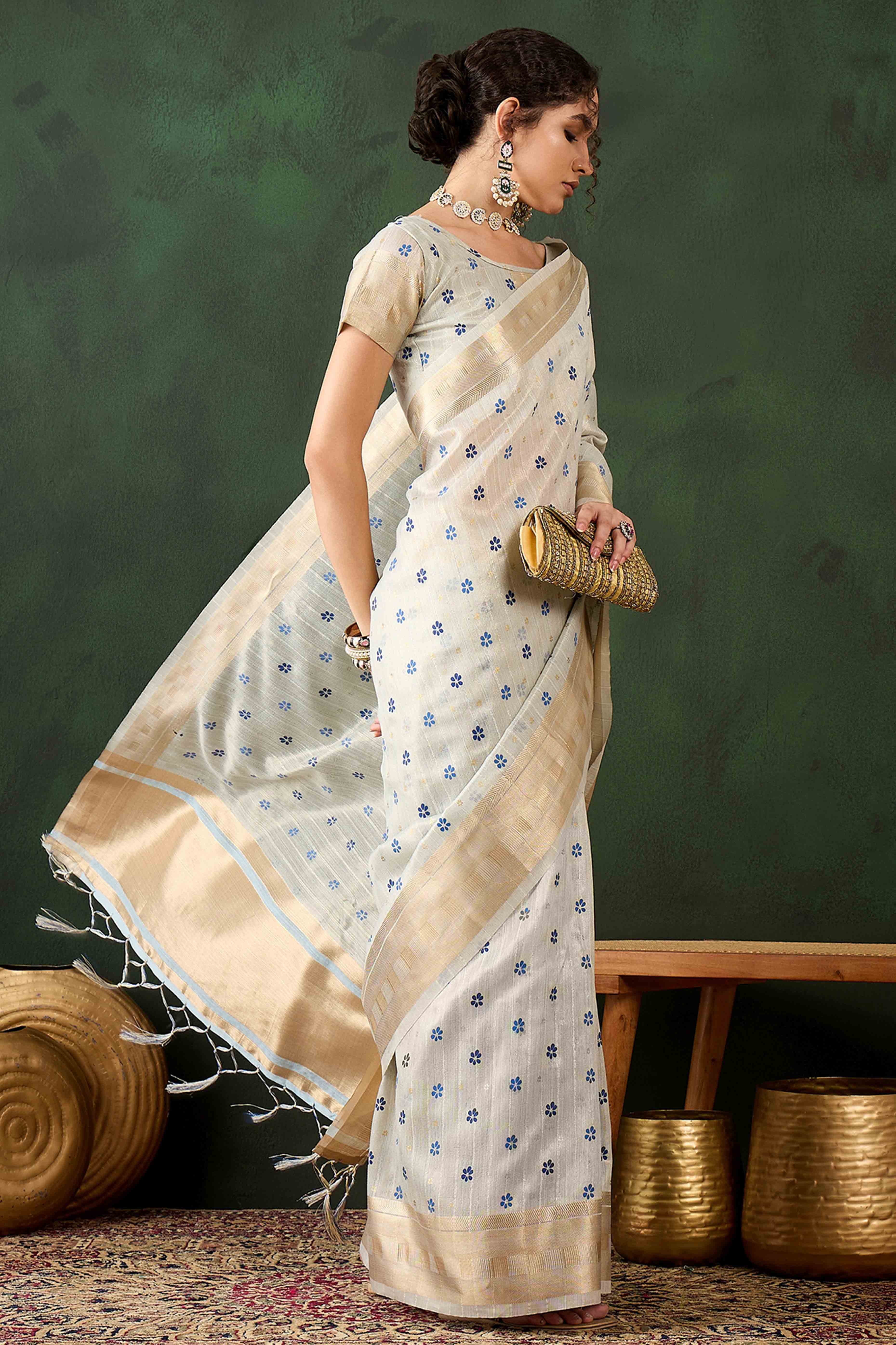 Blue Saree In Khadi Organza Featuring Floral Prints & Intricate Weaving