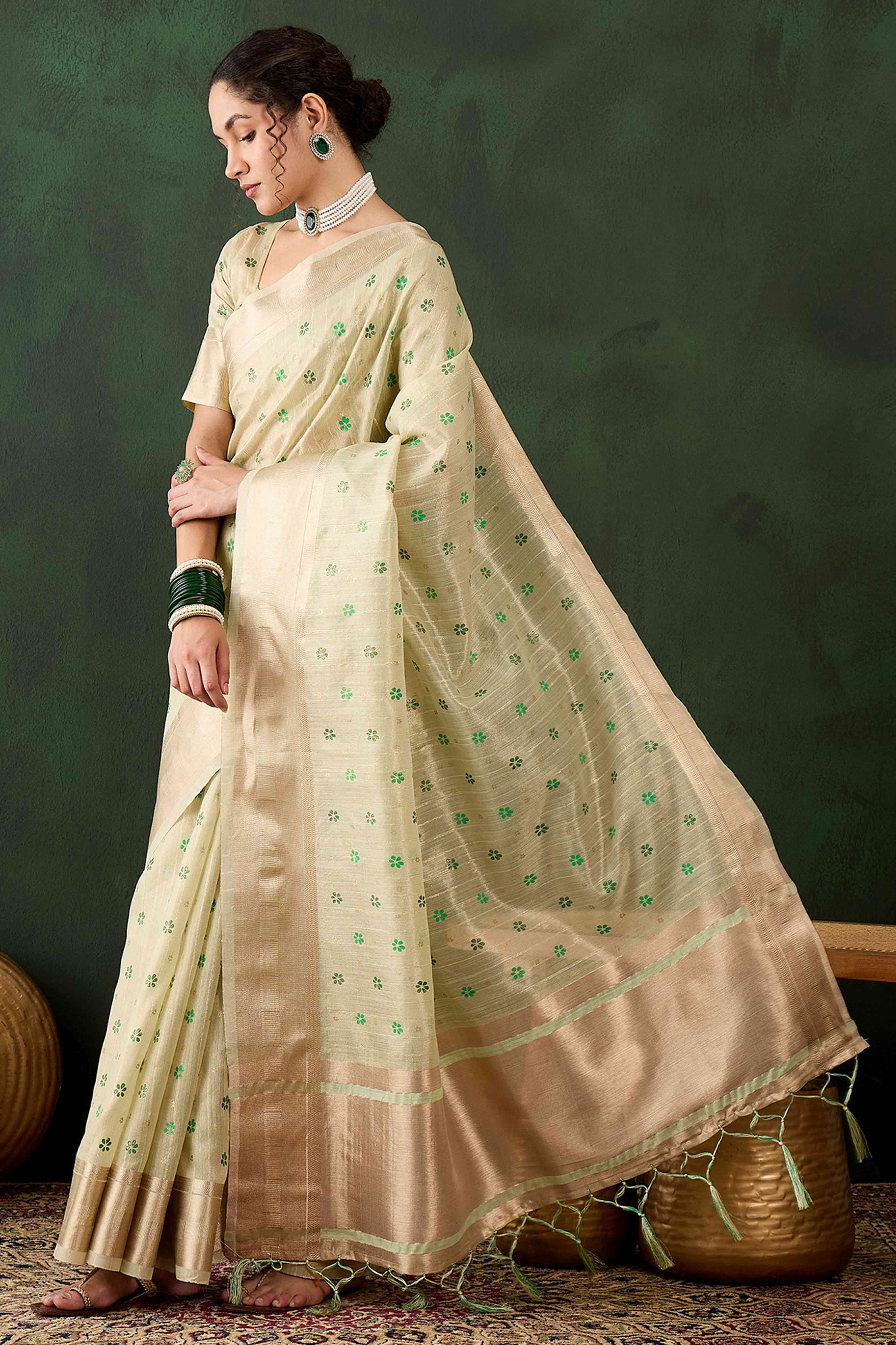 Green Saree In Khadi Organza Featuring Floral Prints & Intricate Weaving
