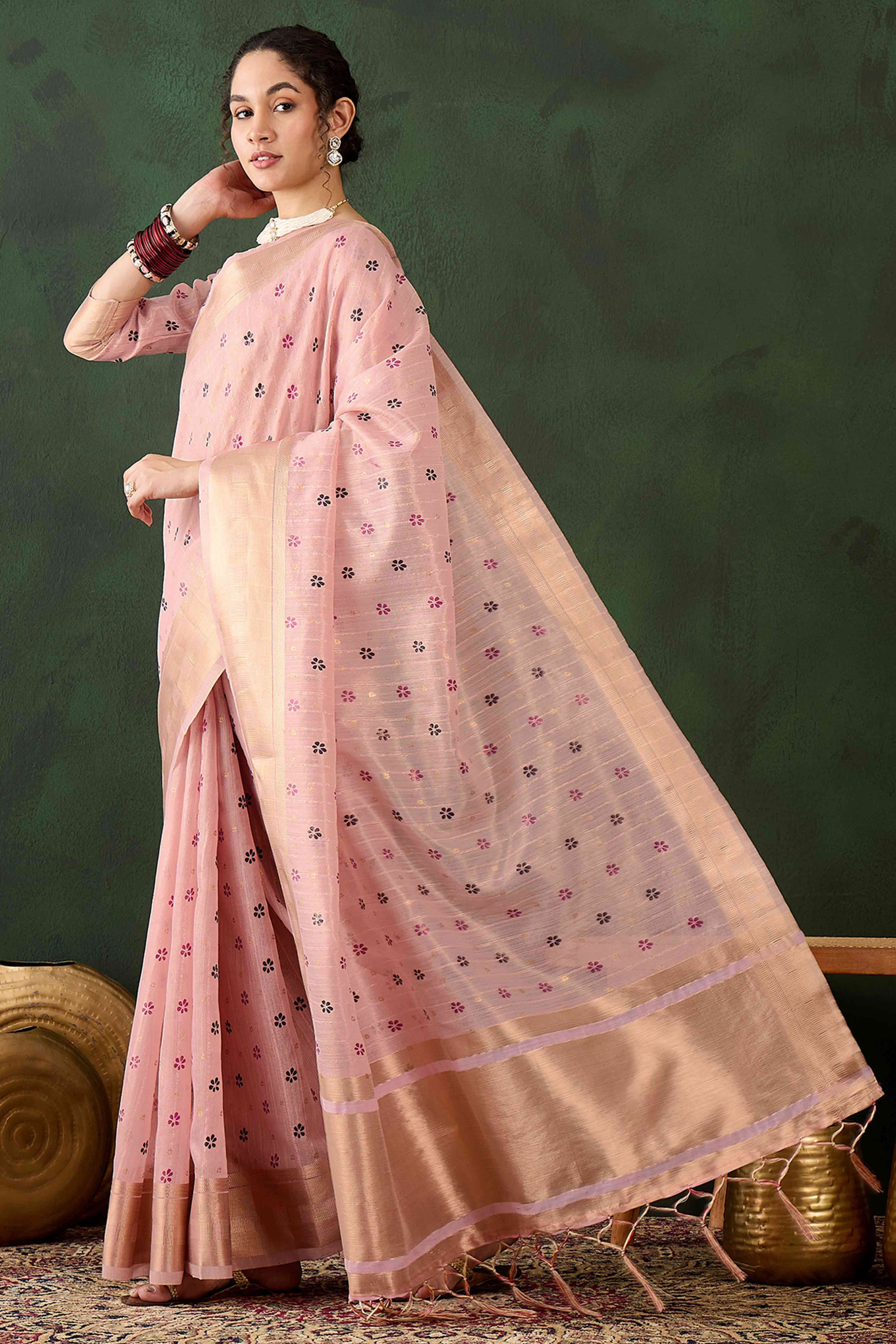 Pink Saree In Khadi Organza Featuring Floral Prints & Intricate Weaving