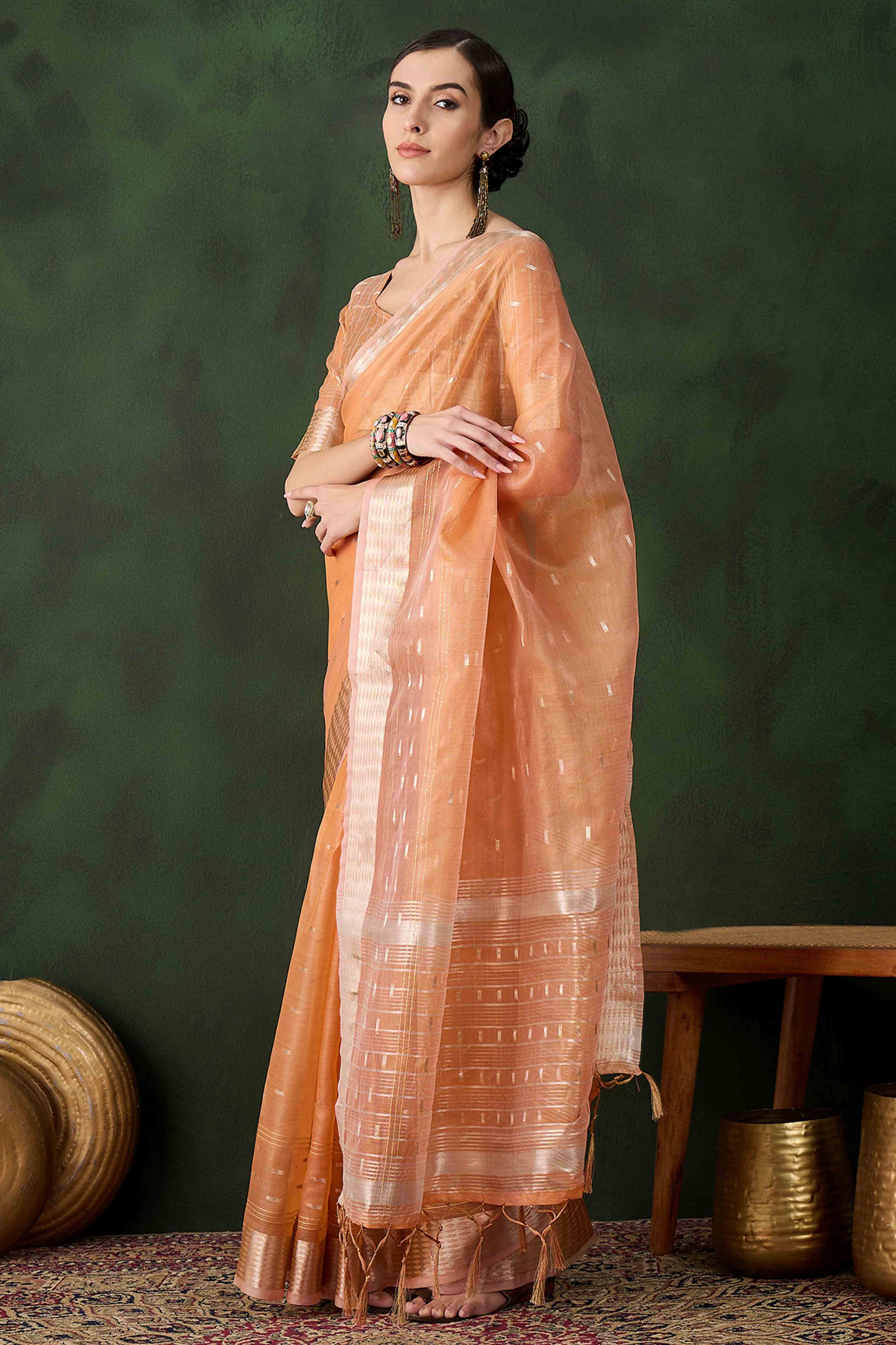 Orange Saree With Fine Zari Weaving on Khadi Organza and Tassel Detailing Pallu