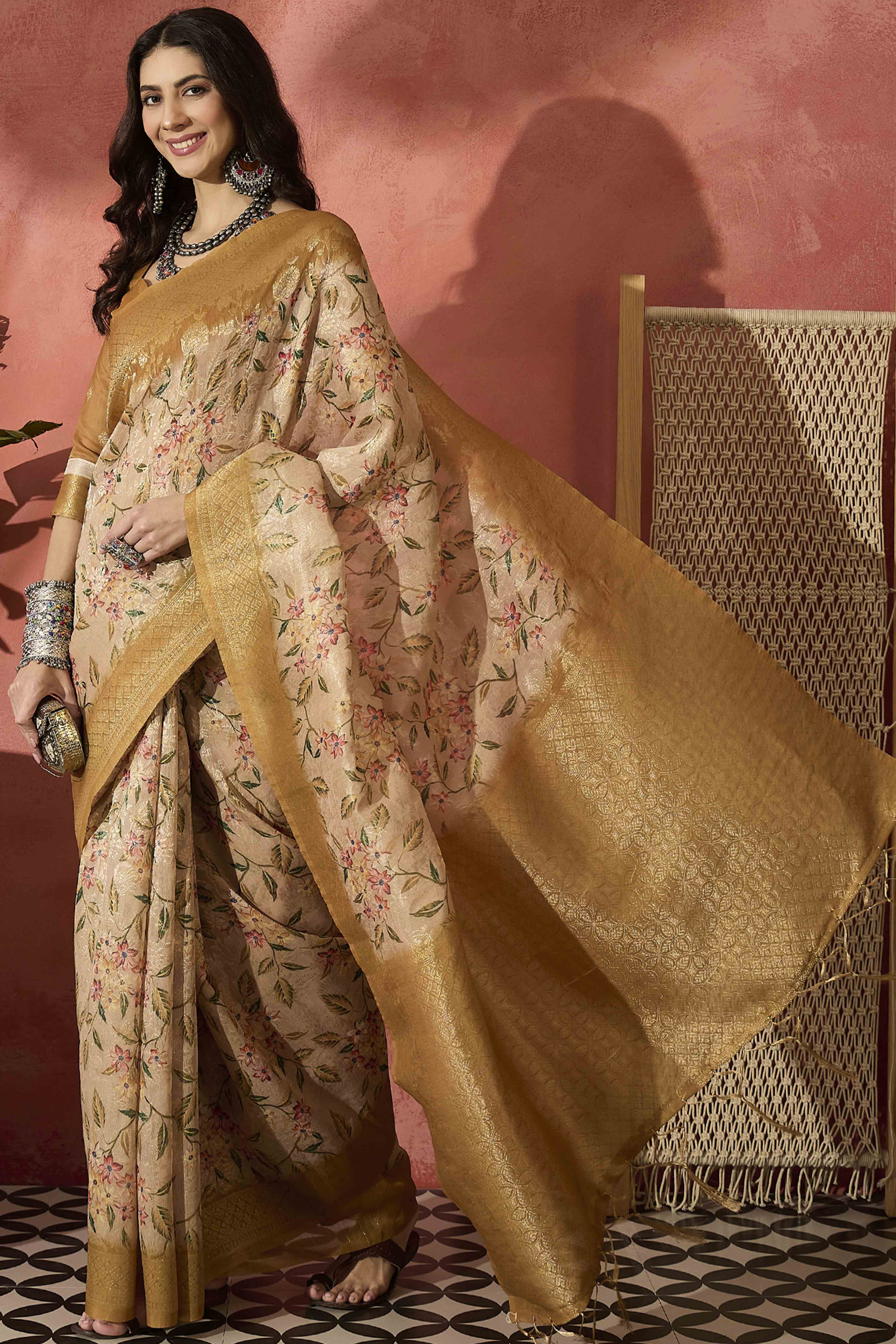 Cream Saree In Poly Cotton Featuring Intricate Floral Zari Weaving & Tassel Accents