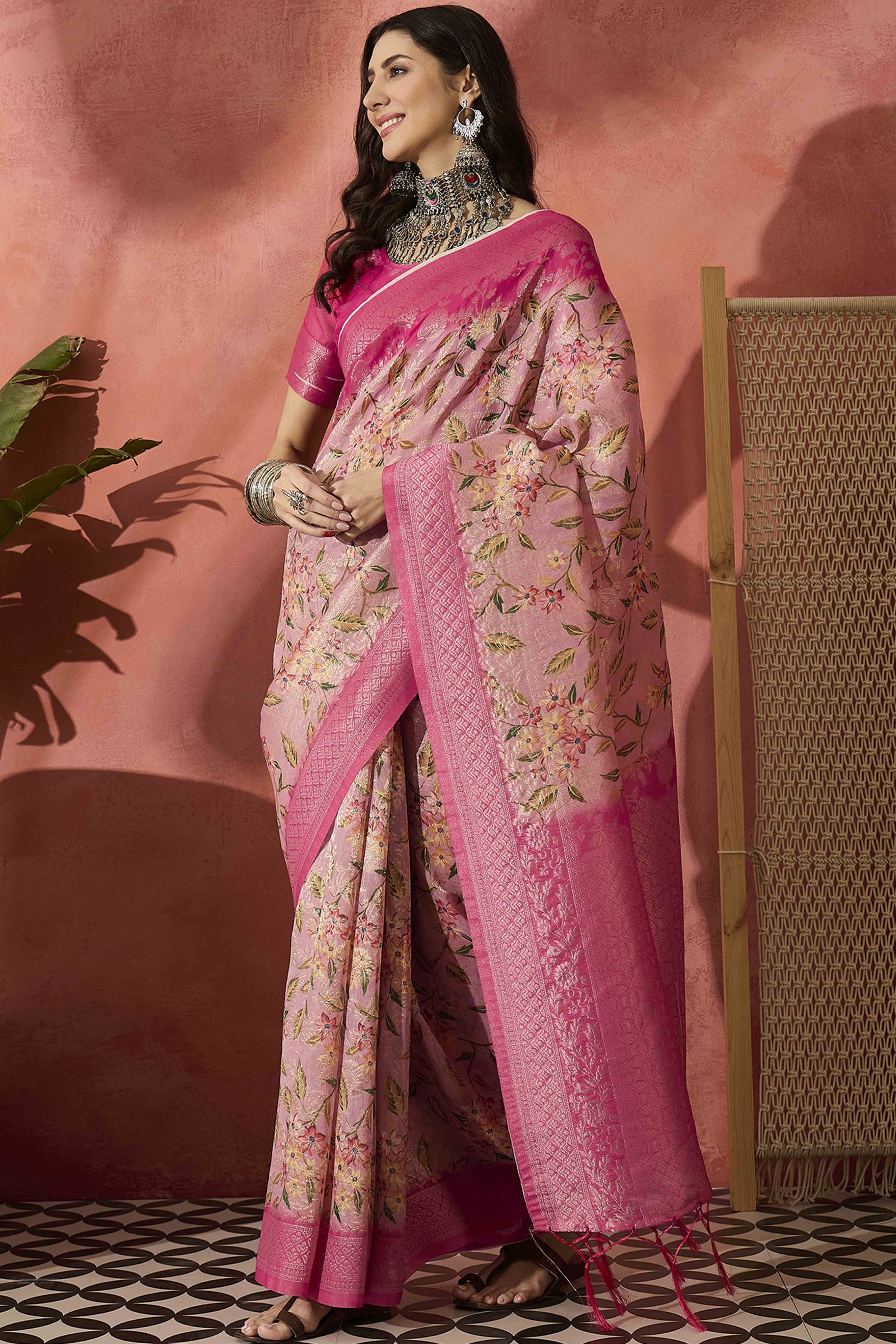 Pink Saree In Poly Cotton Featuring Intricate Floral Zari Weaving & Tassel Accents