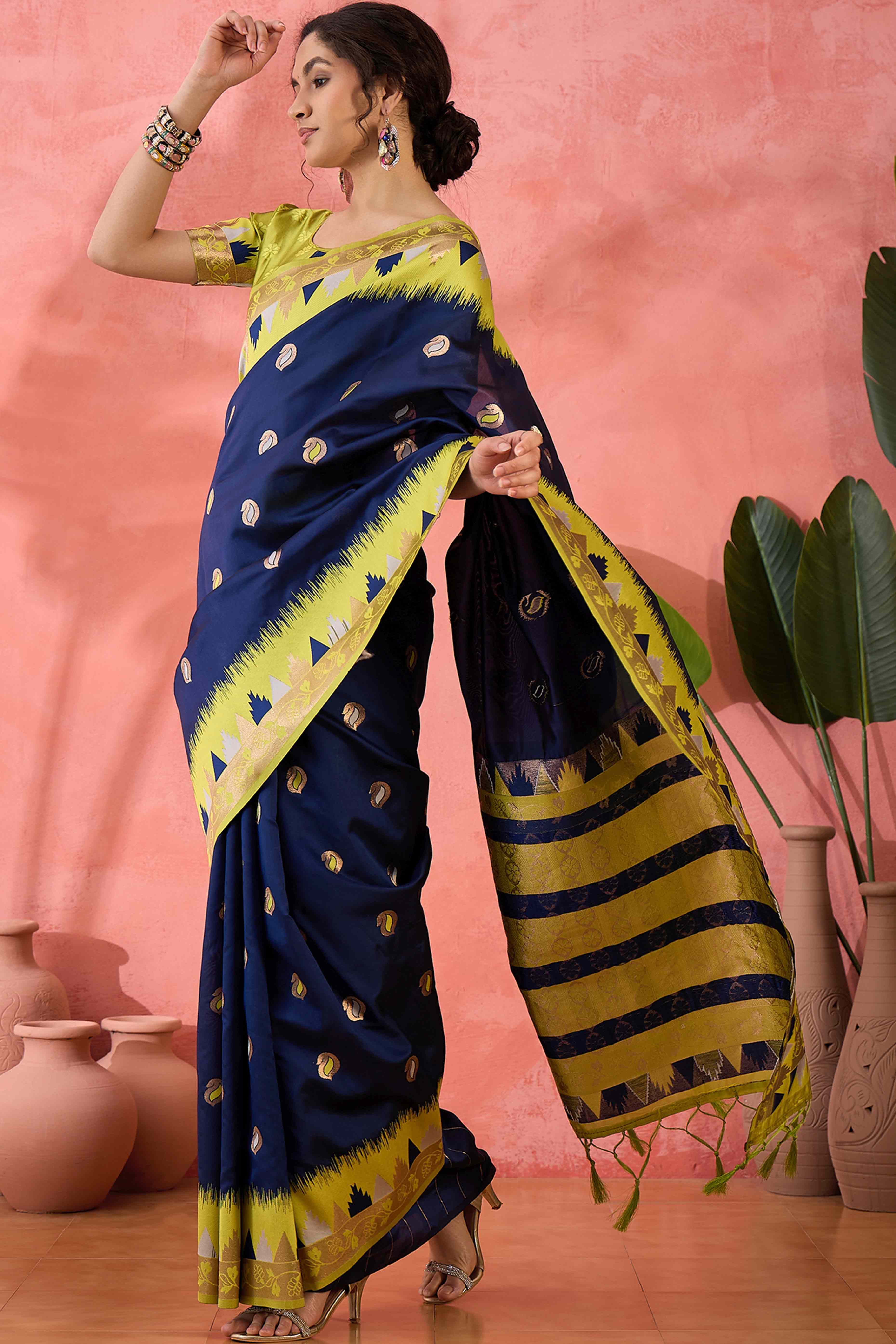 Navy Blue Zari Woven Poly Silk Saree Enhanced With Graceful Tassel Detailing