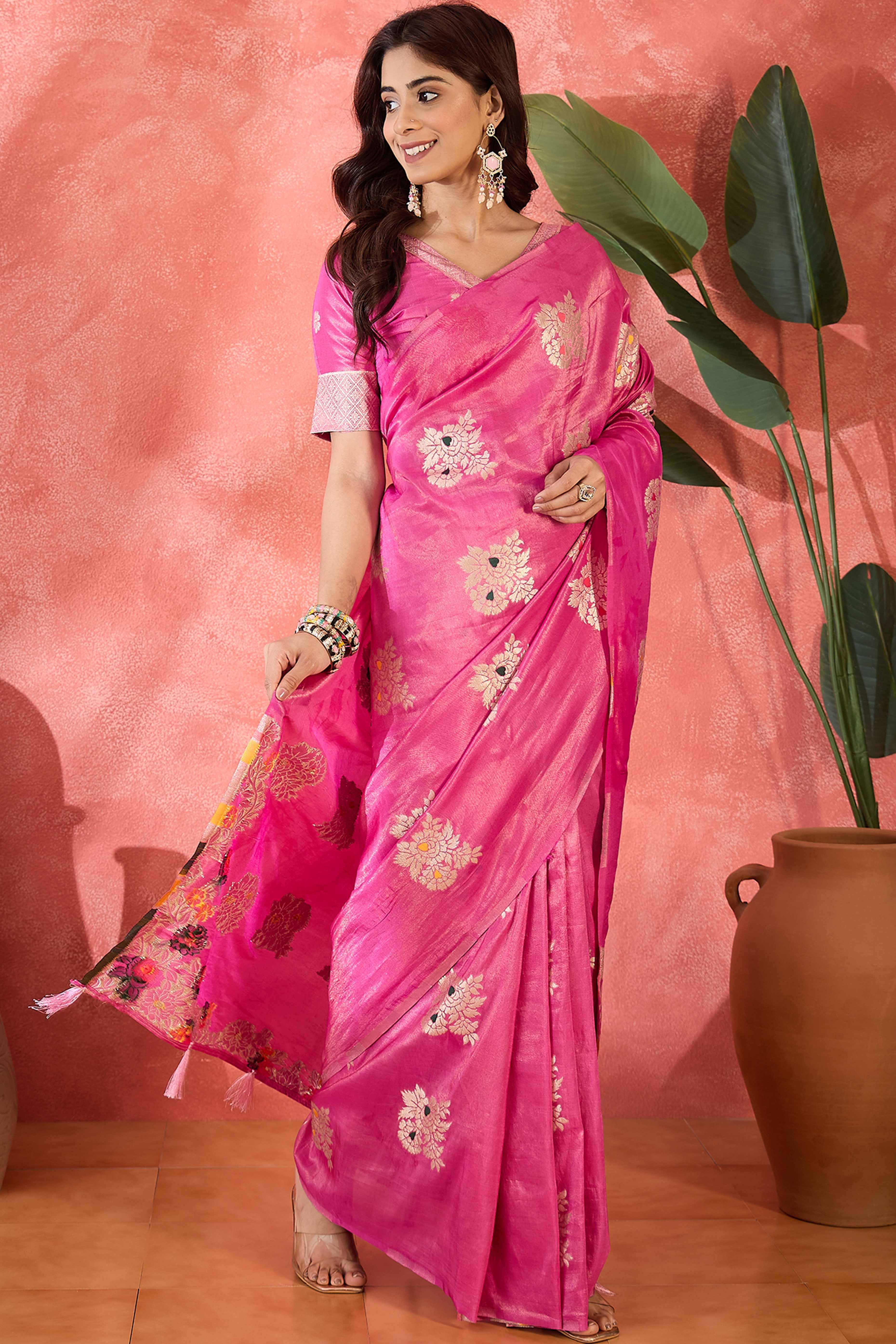 Pink Saree In Shimmer Fabric With Floral Zari Weaving & Decorative Tassel Pallu