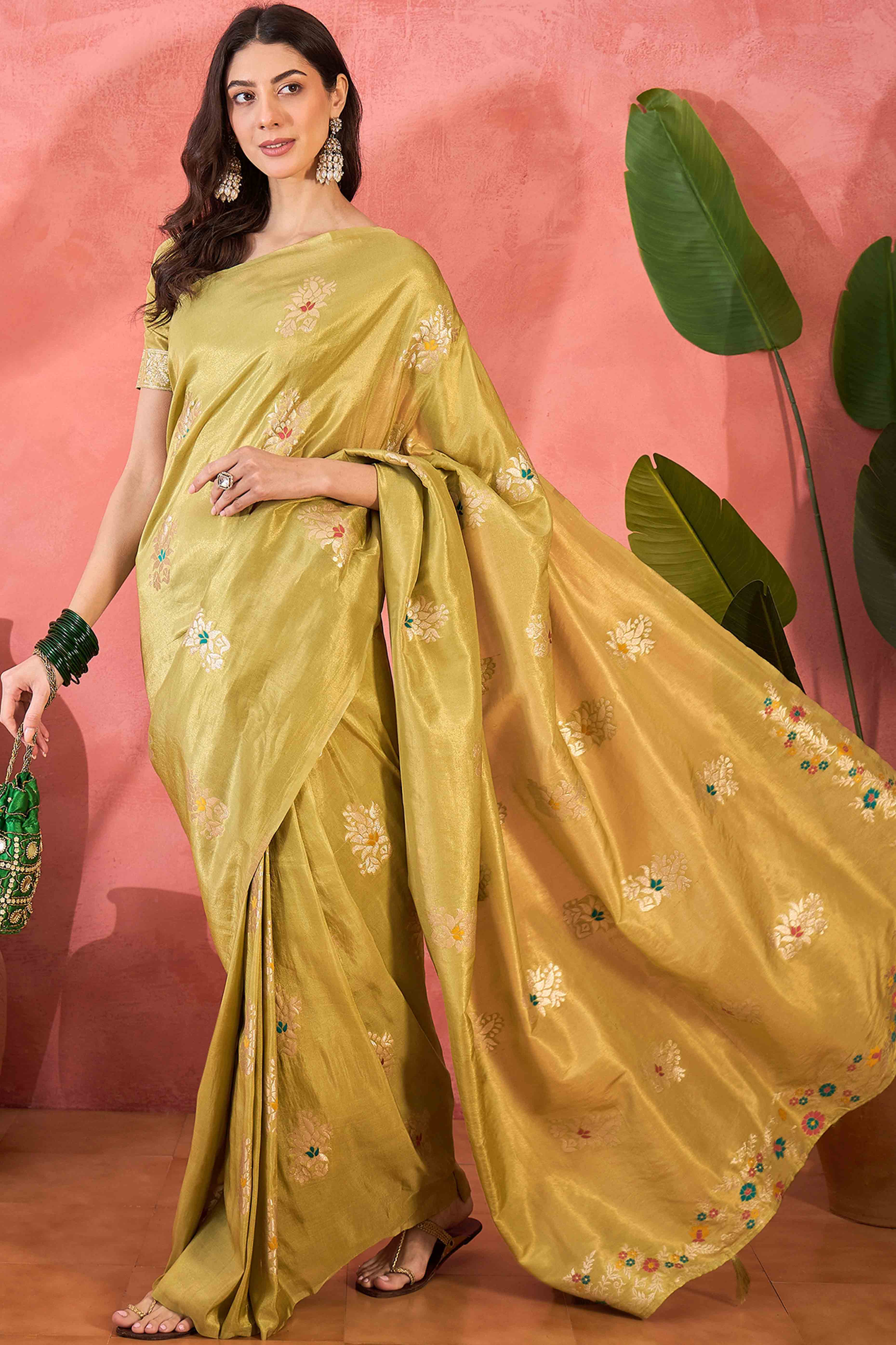 Lime Yellow Shimmer Saree Showcasing Floral Zari Weaving & A Tasselled Pallu
