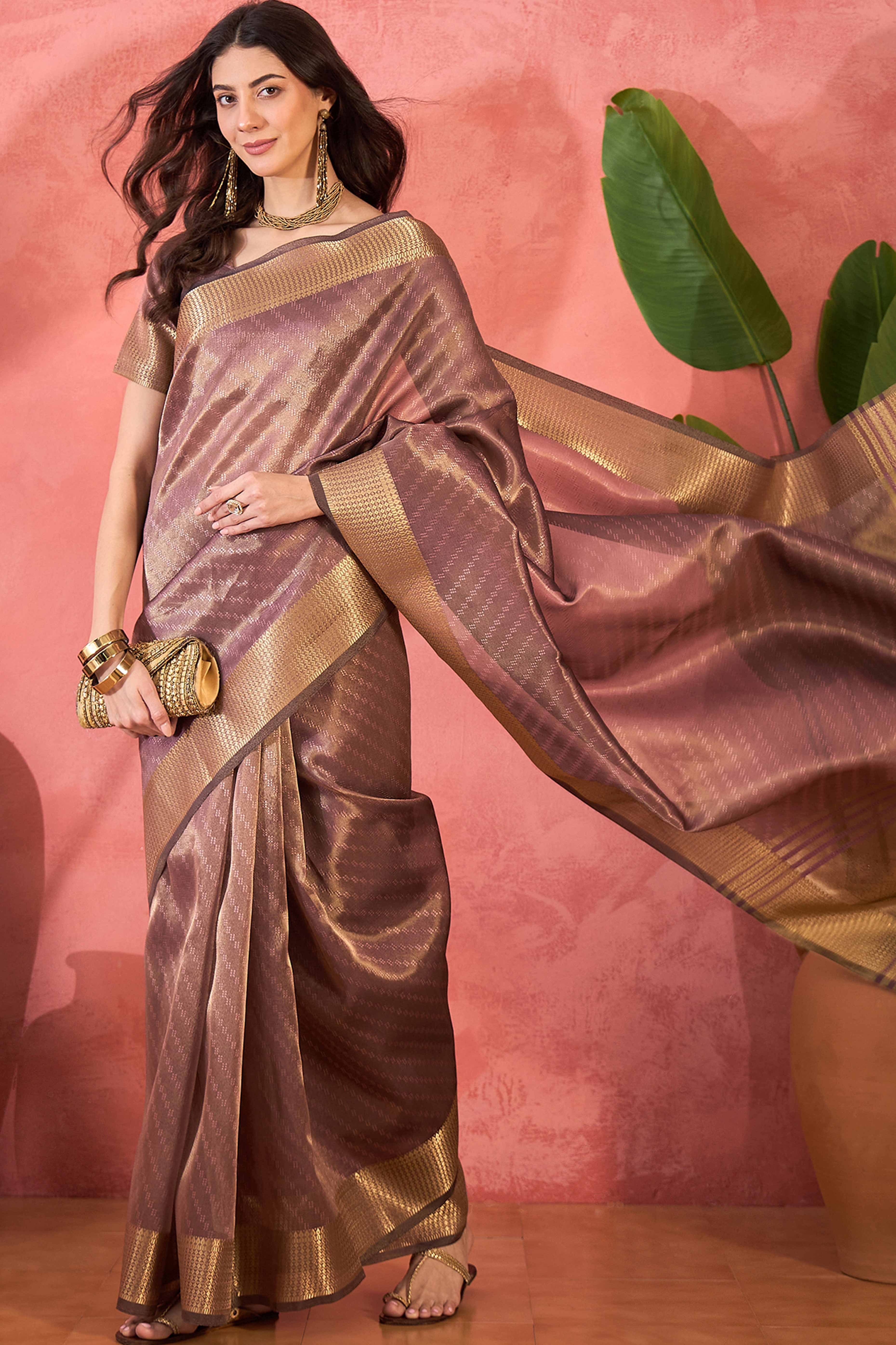 Dusty Rose Pink Khadi Organza Saree Intricate Weaving & Sparkling Stonework With Tassel Pallu