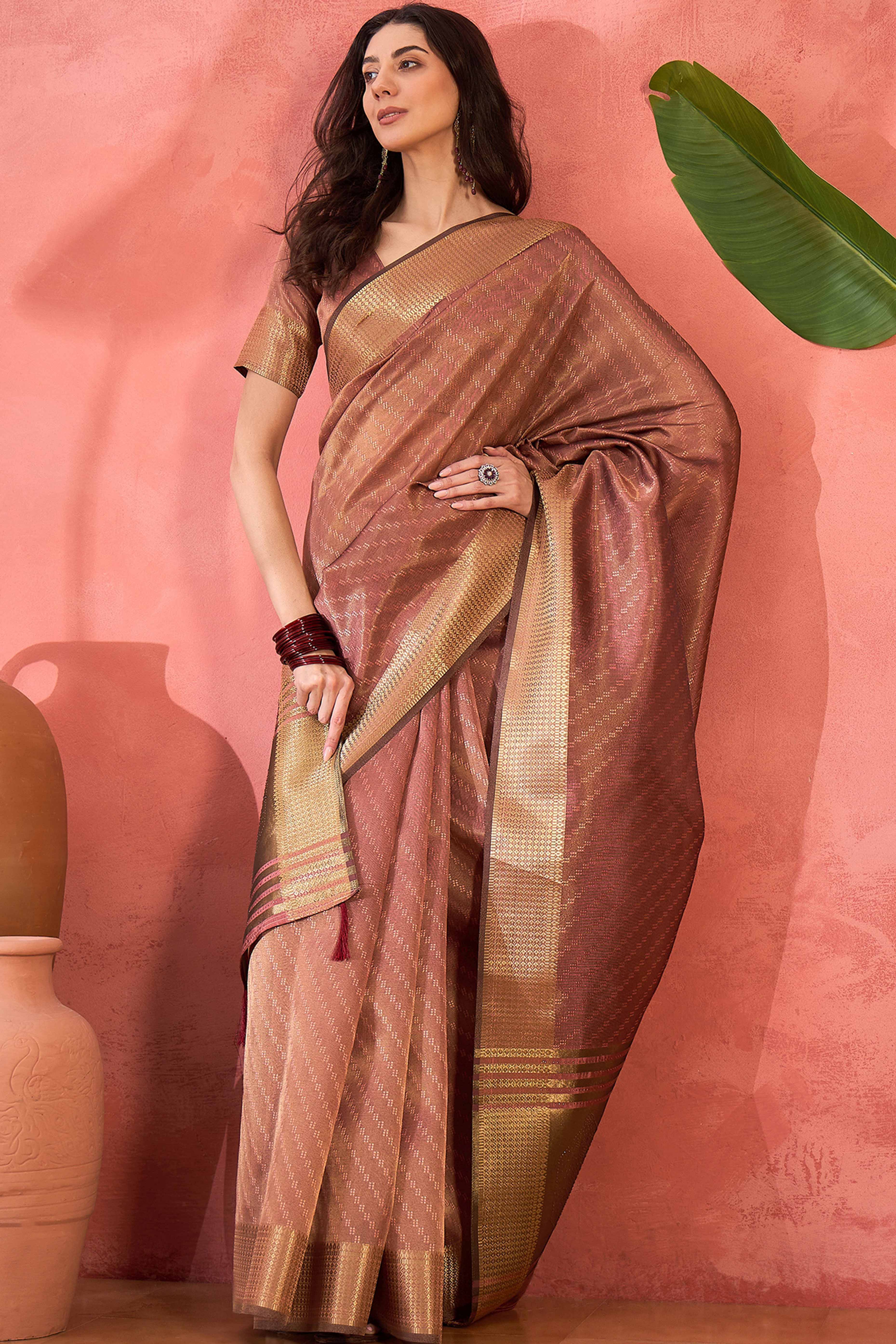Mauve Khadi Organza Saree Intricate Weaving & Sparkling Stonework With Tassel Pallu