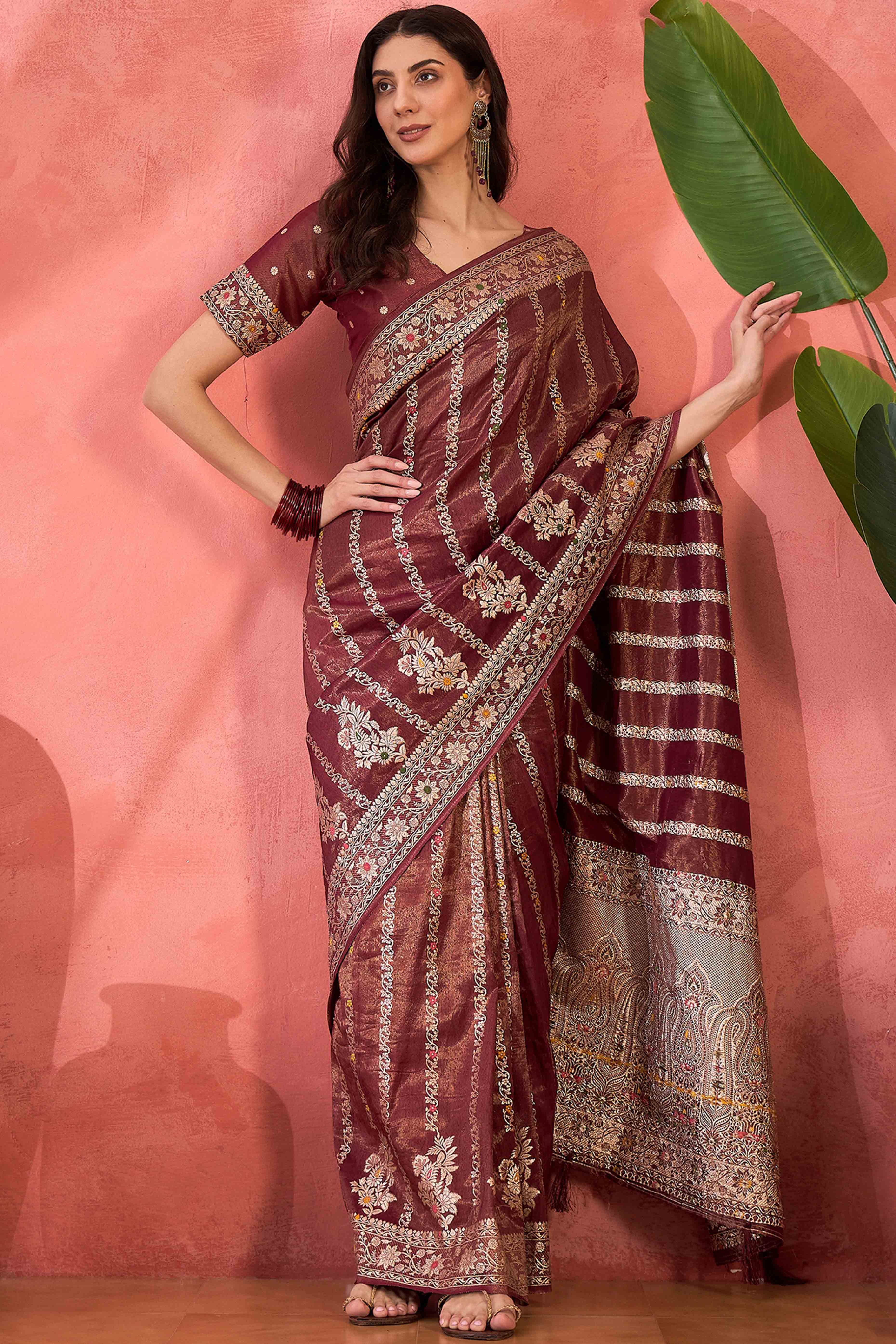 Floral Zari Woven Maroon Saree In Shimmer Finish With Elegant Tassel Pallu