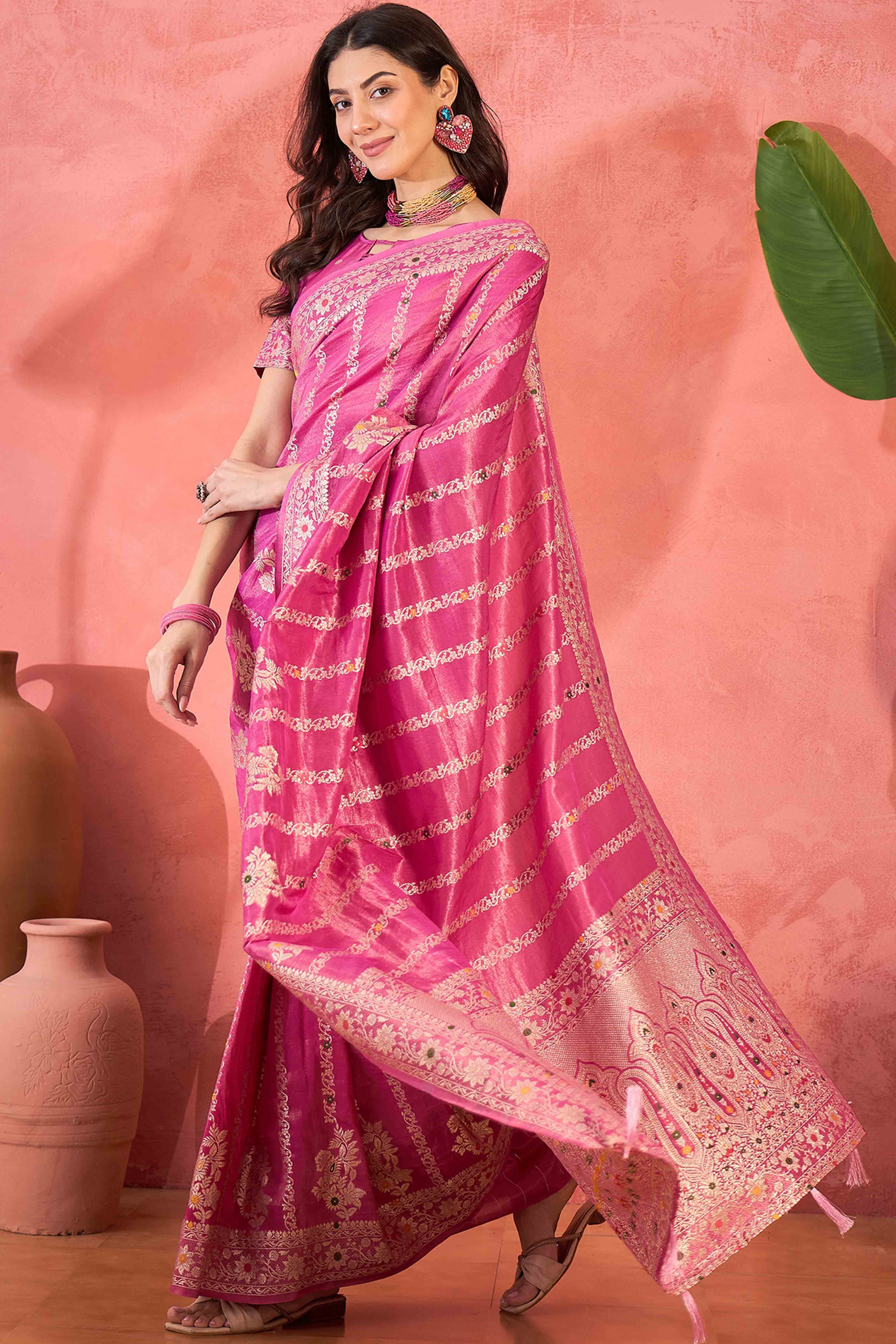 Floral Zari Woven Pink Saree In Shimmer Finish With Elegant Tassel Pallu