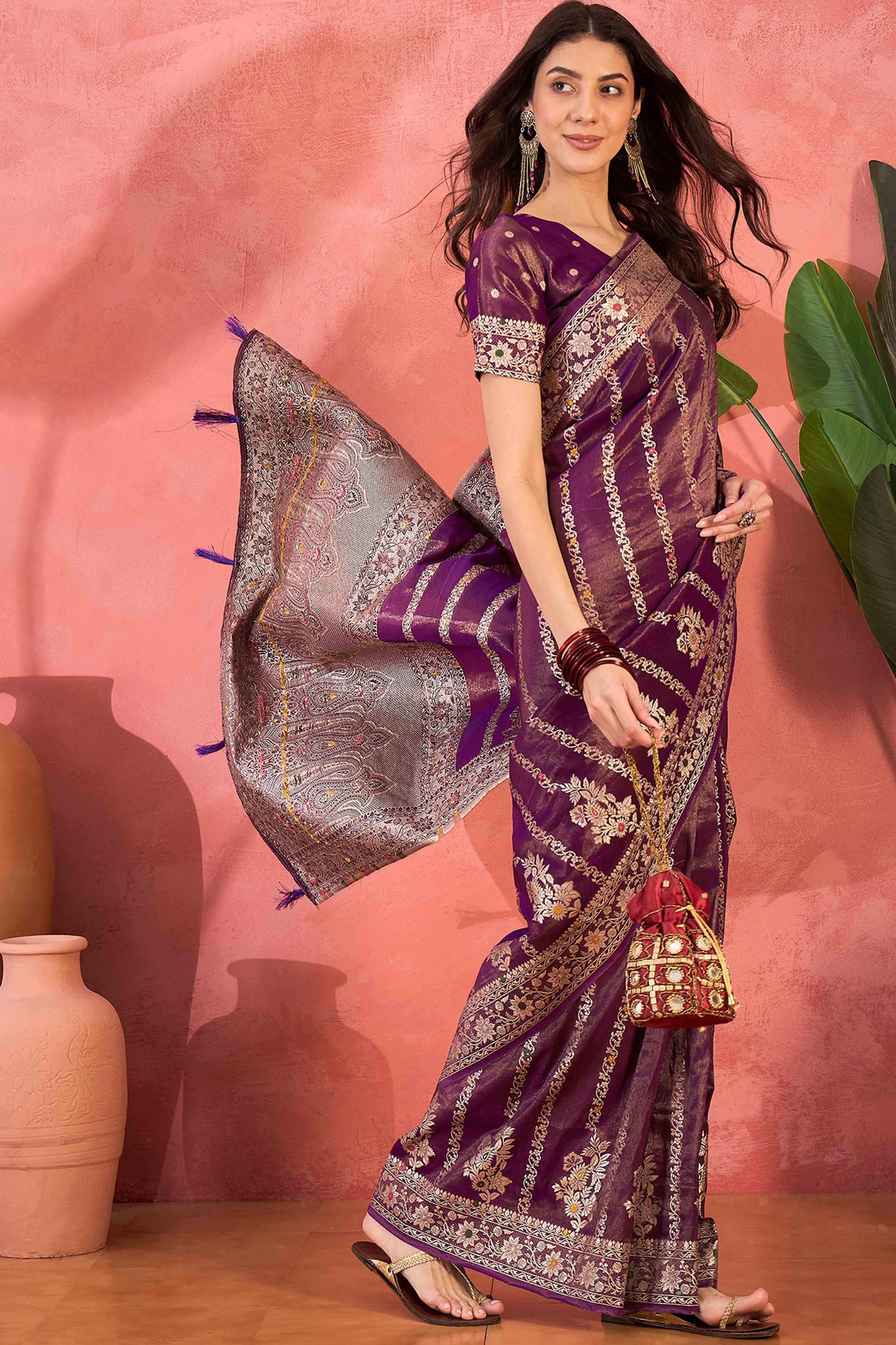 Floral Zari Woven Purple Saree In Shimmer Finish With Elegant Tassel Pallu