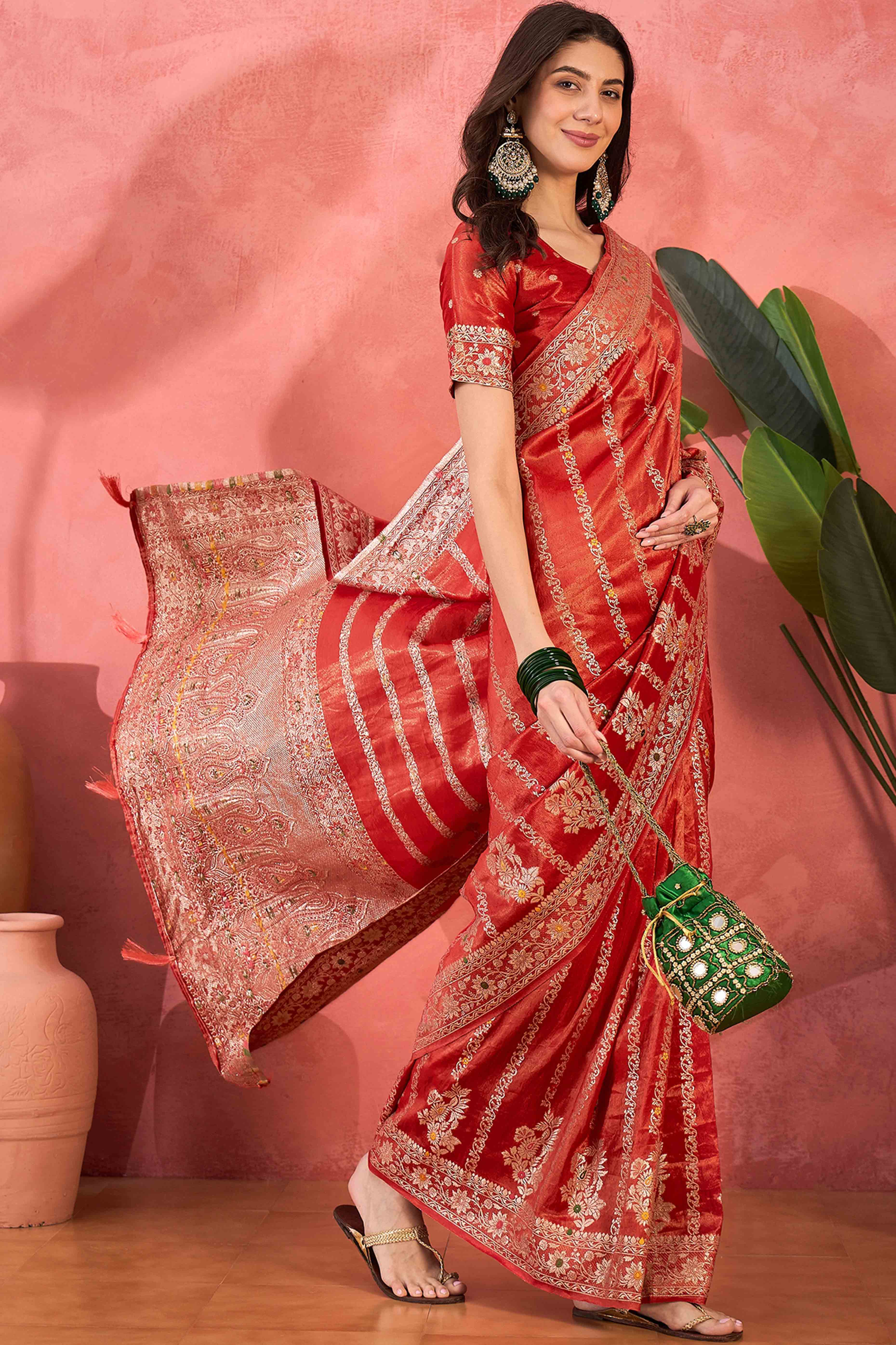 Floral Zari Woven Red Saree In Shimmer Finish With Elegant Tassel Pallu