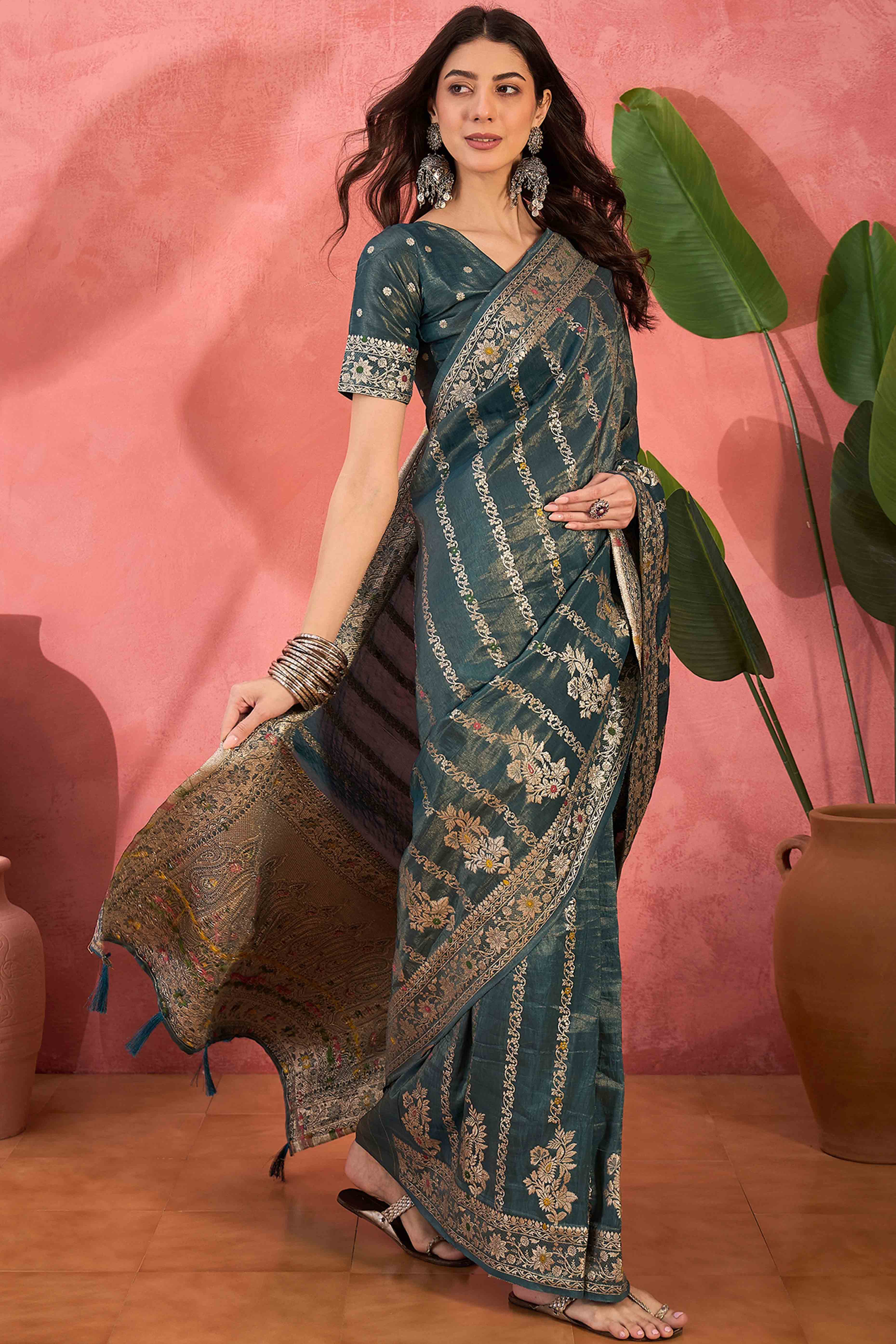 Floral Zari Woven Teal Saree In Shimmer Finish With Elegant Tassel Pallu