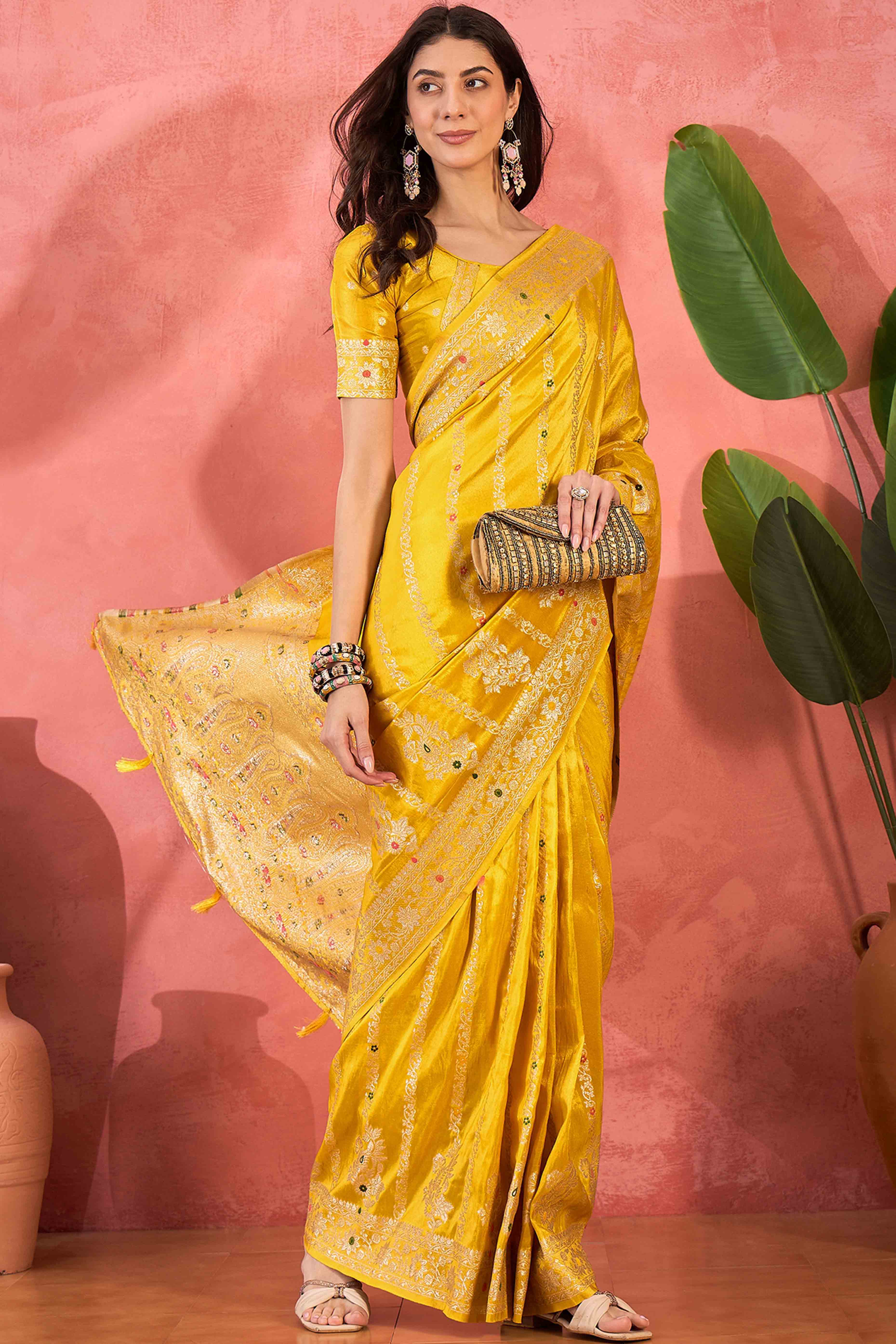 Floral Zari Woven Yellow Saree In Shimmer Finish With Elegant Tassel Pallu