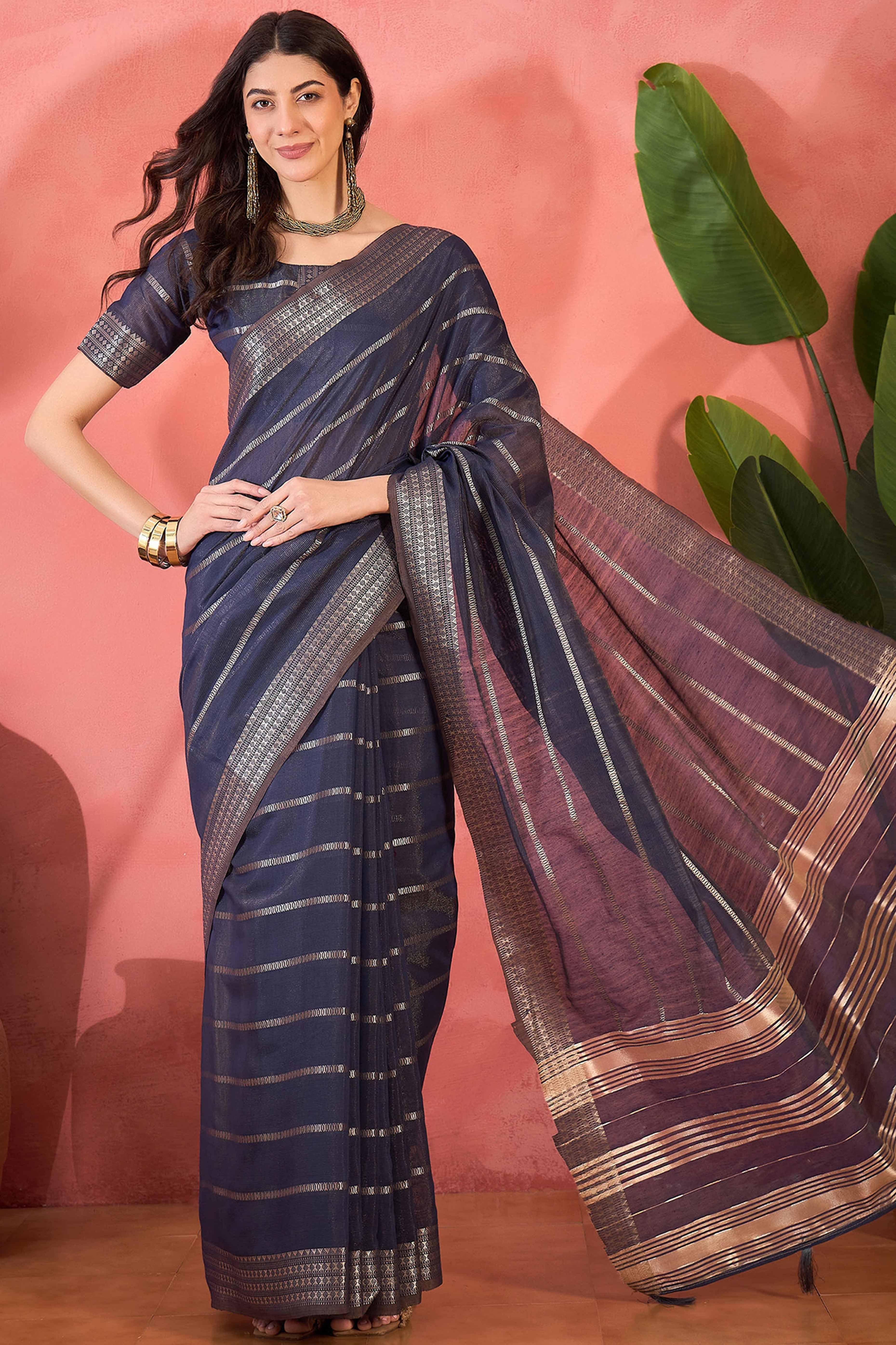 Blue Zari Striped Khadi Organza Saree With Graceful Tassel Accents