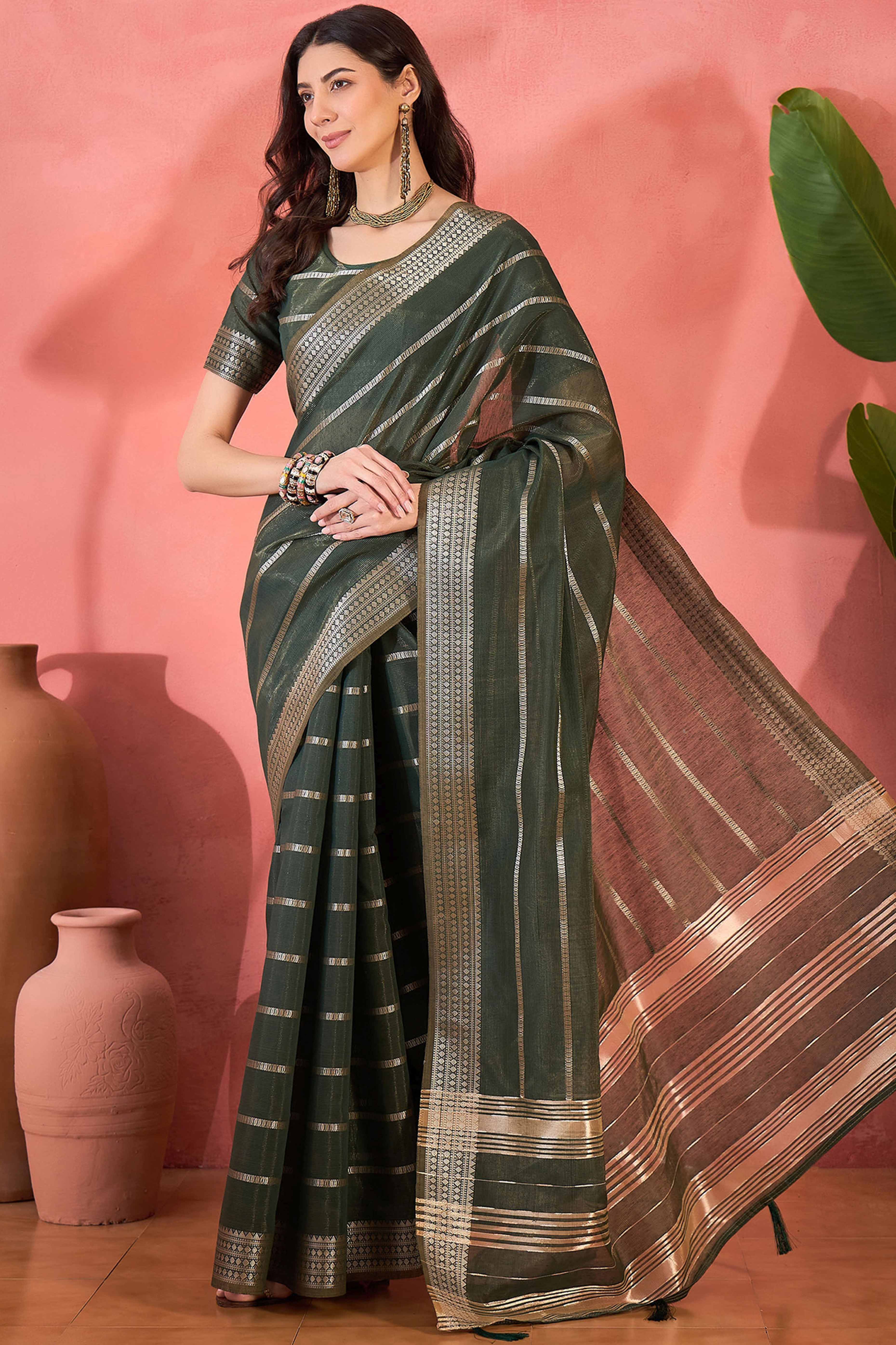 Green Zari Striped Khadi Organza Saree With Graceful Tassel Accents
