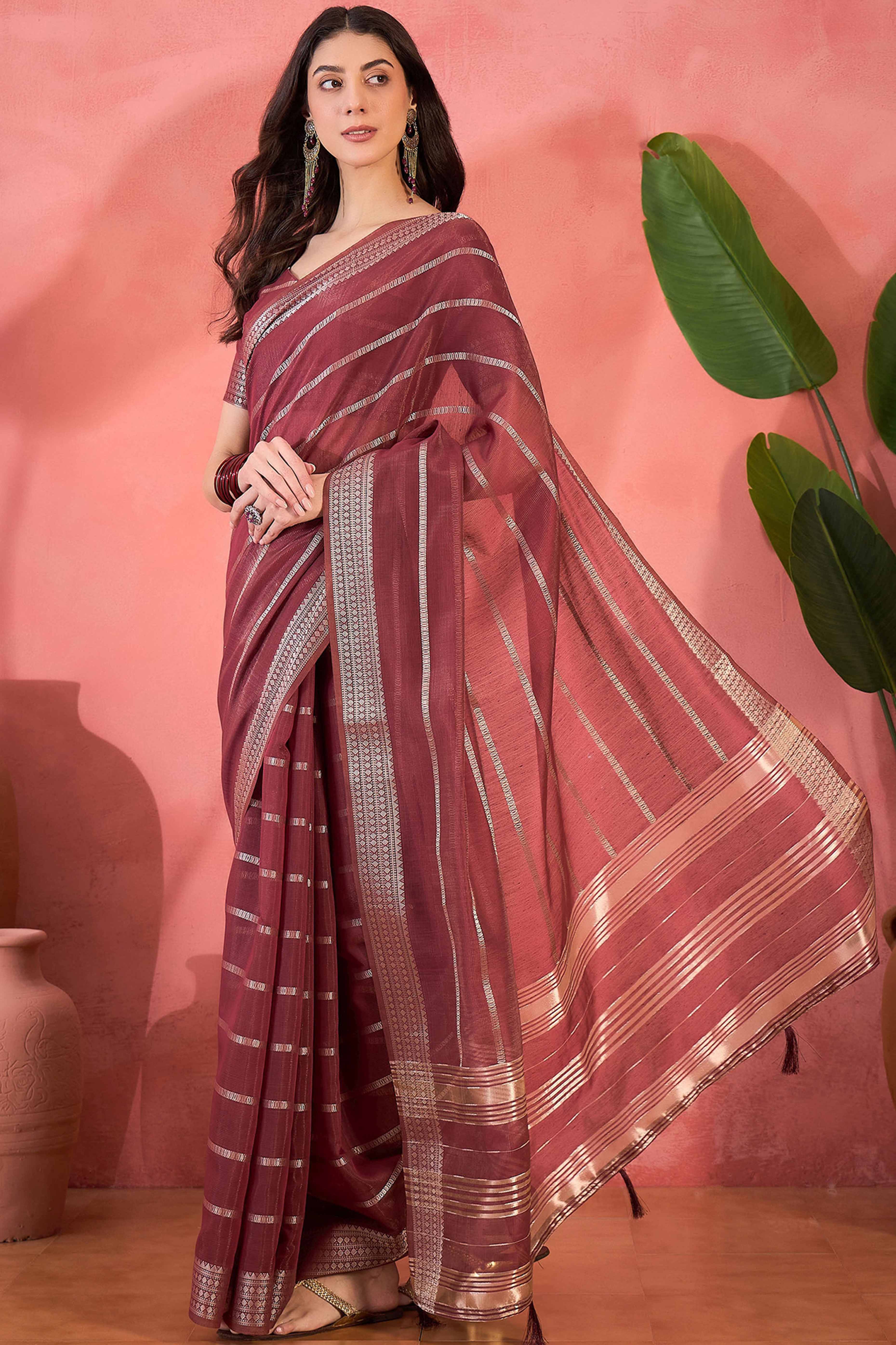 Maroon Zari Striped Khadi Organza Saree With Graceful Tassel Accents
