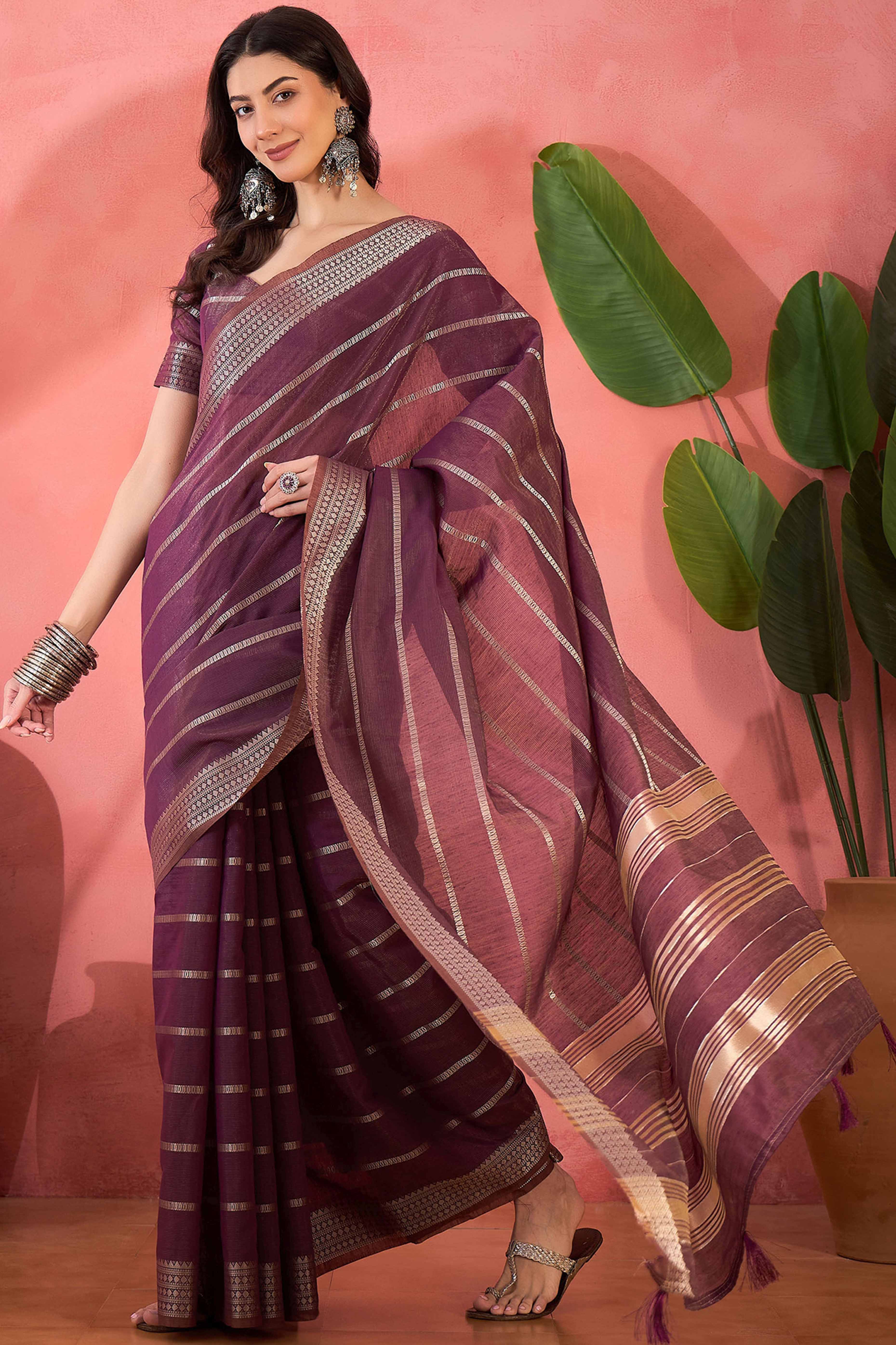Wine Zari Striped Khadi Organza Saree With Graceful Tassel Accents