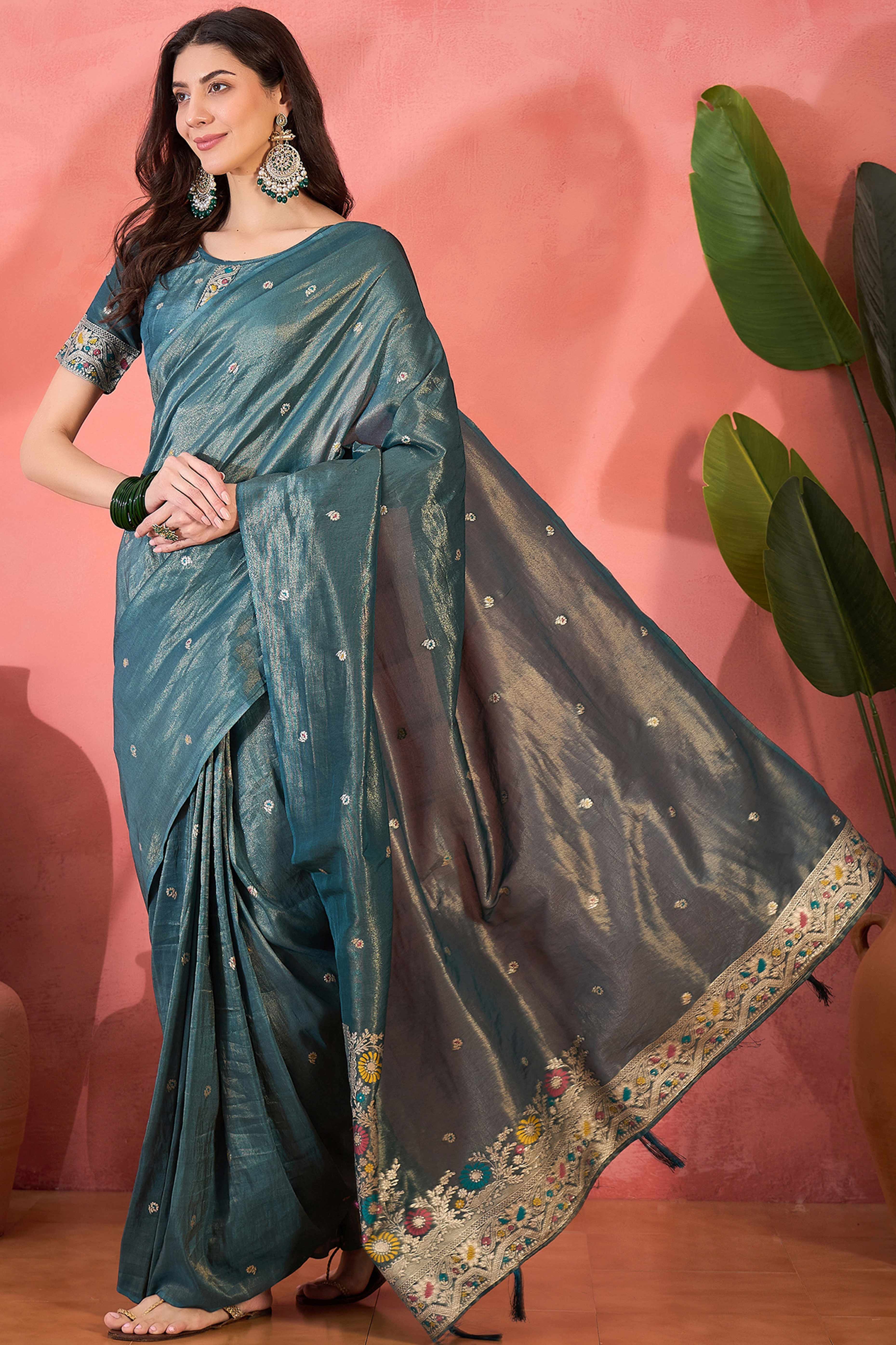 Floral Zari Woven Teal Blue Saree In Shimmer Finish With Elegant Tassel Pallu