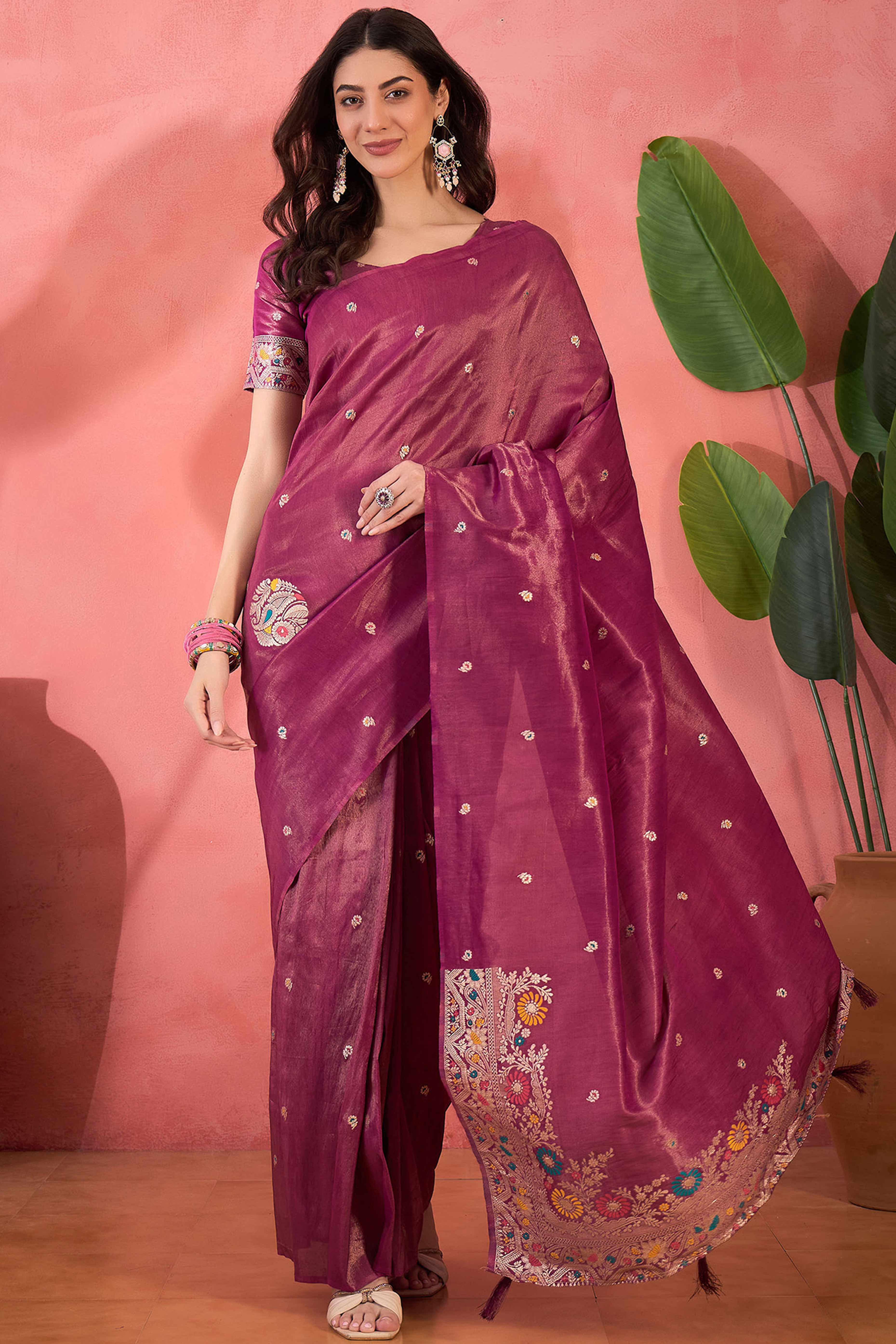 Floral Zari Woven Wine Saree In Shimmer Finish With Elegant Tassel Pallu