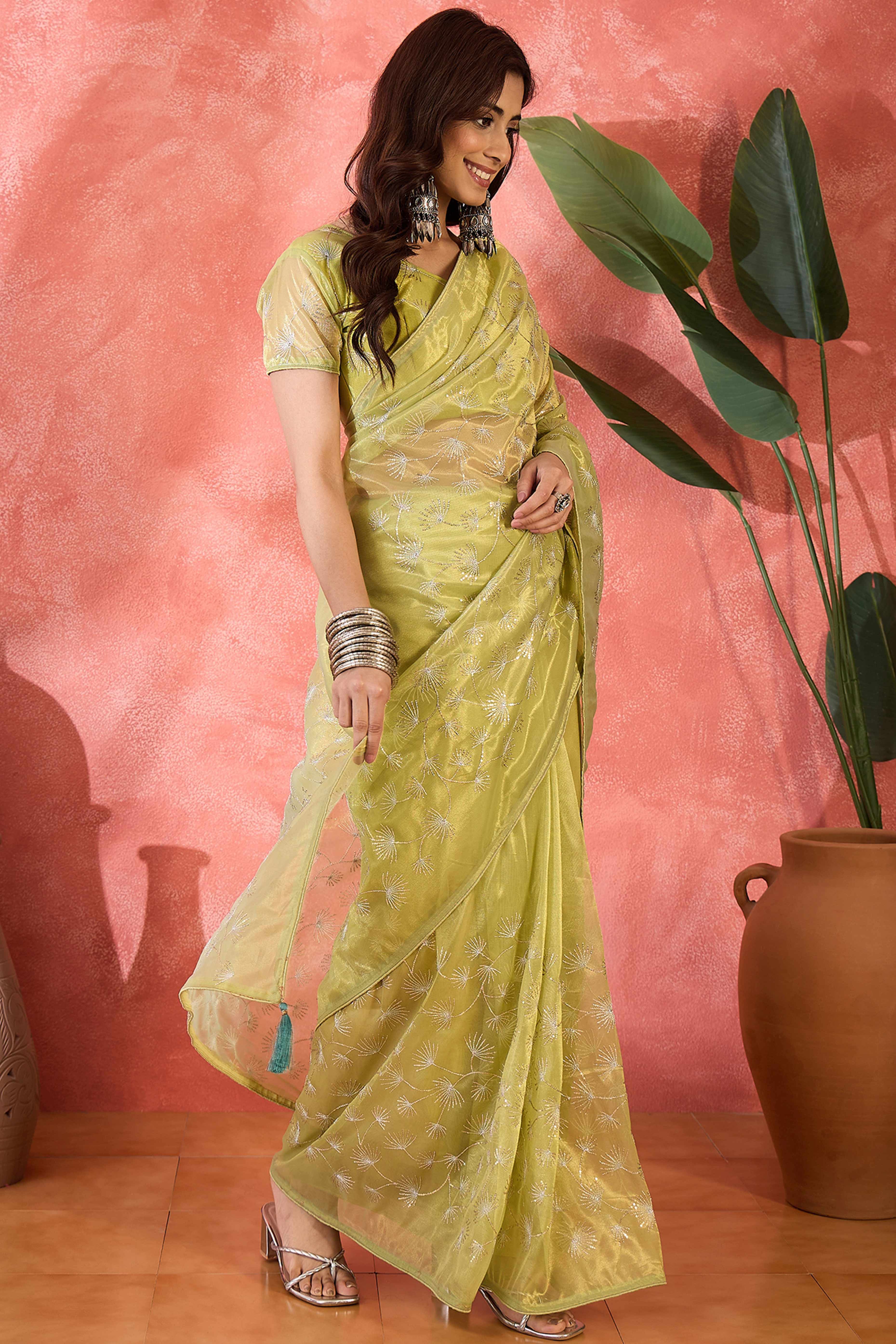 Lime Green Twill Net Saree With Intricate Floral Sequin Work & Flowing Tassel Pallu