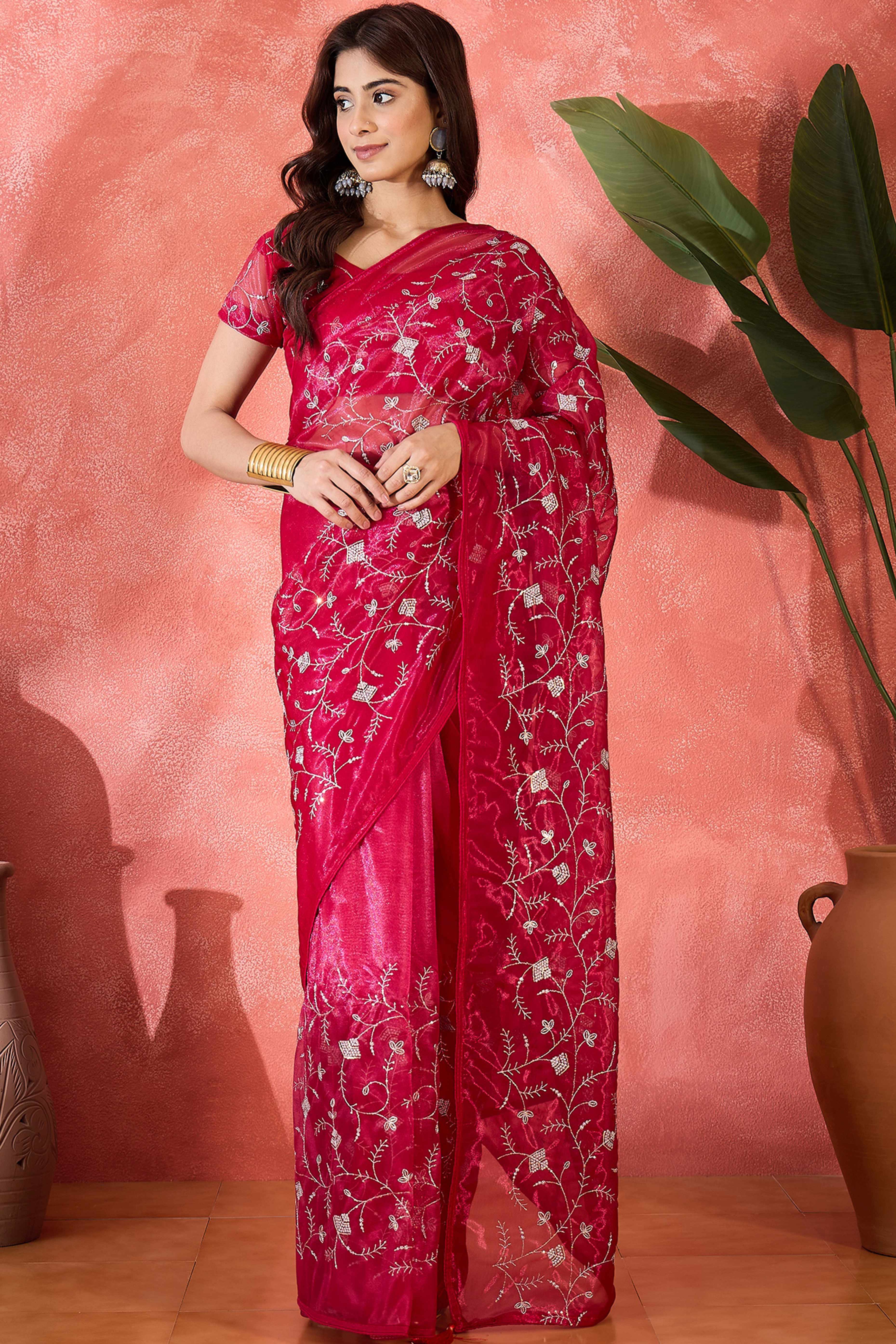 Pink Floral Sequin Embellished Saree In Twill Net With Tassel Accents