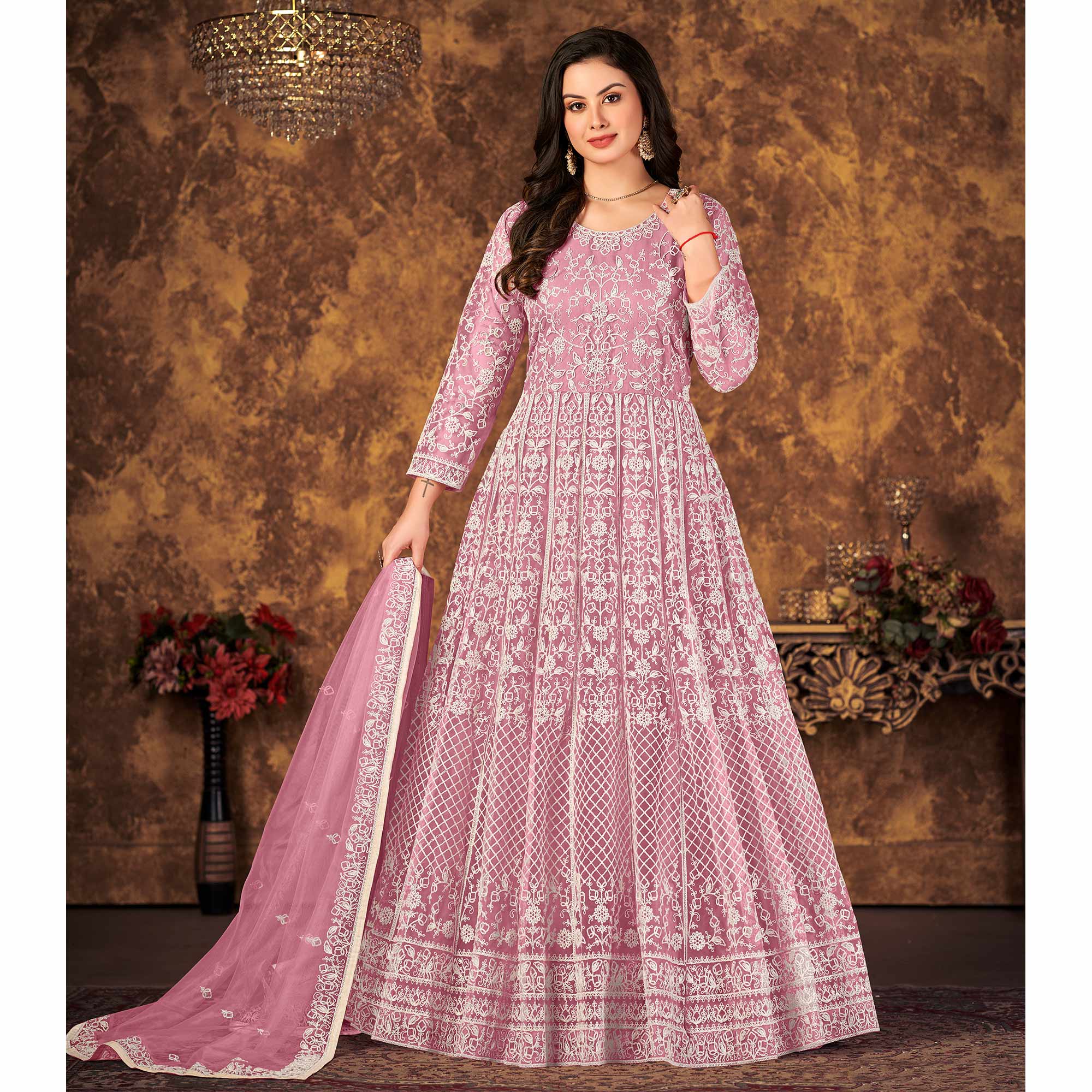 Pink Floral Embroidered Net Semi Stitched Dress Material