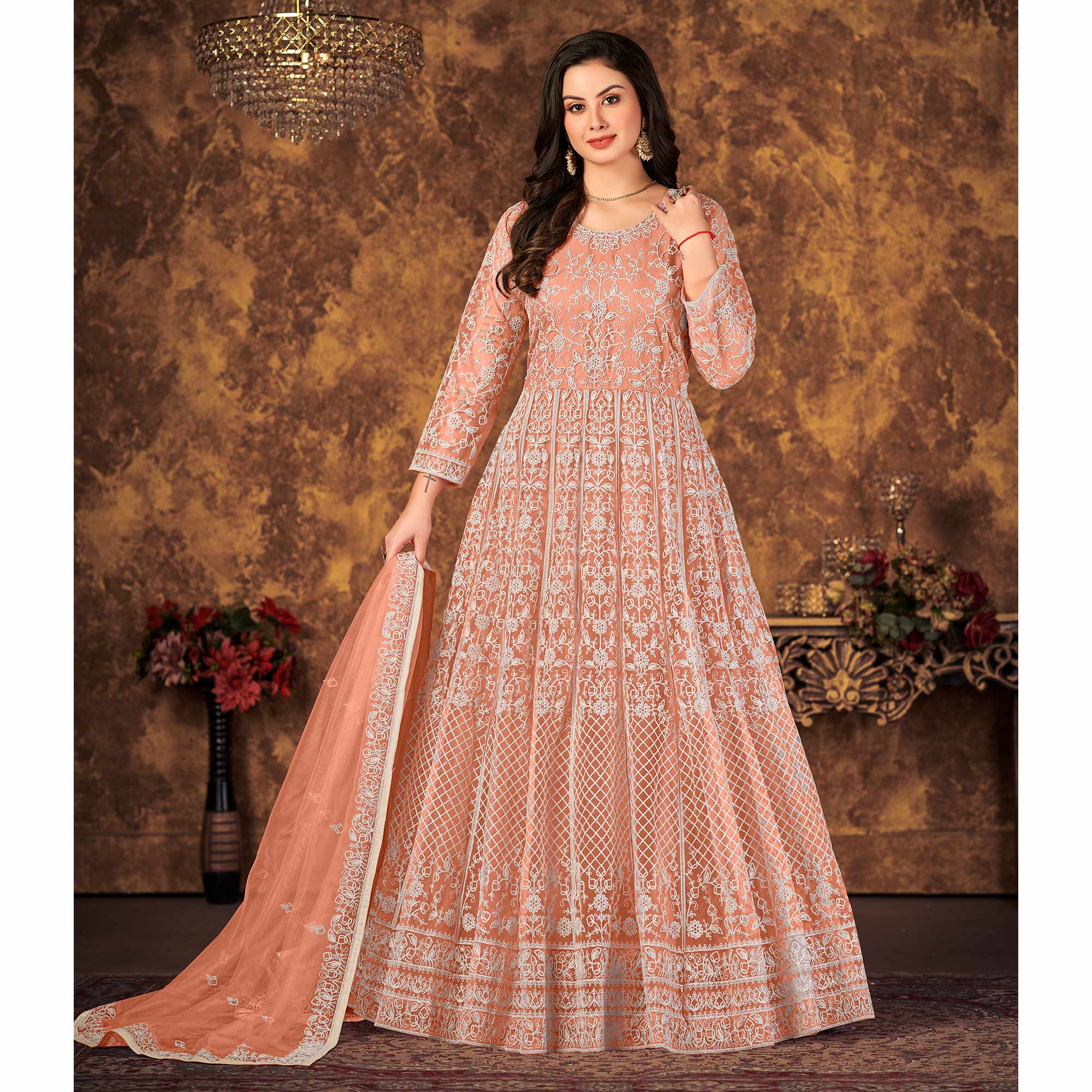 Peach Floral Embroidered Net Semi Stitched Dress Material