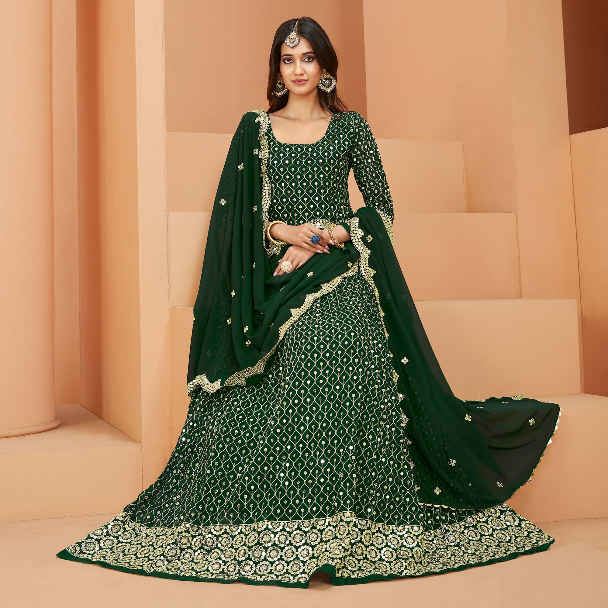Green Sequins Embroidered Georgette Semi Stitched Anarkali Suit