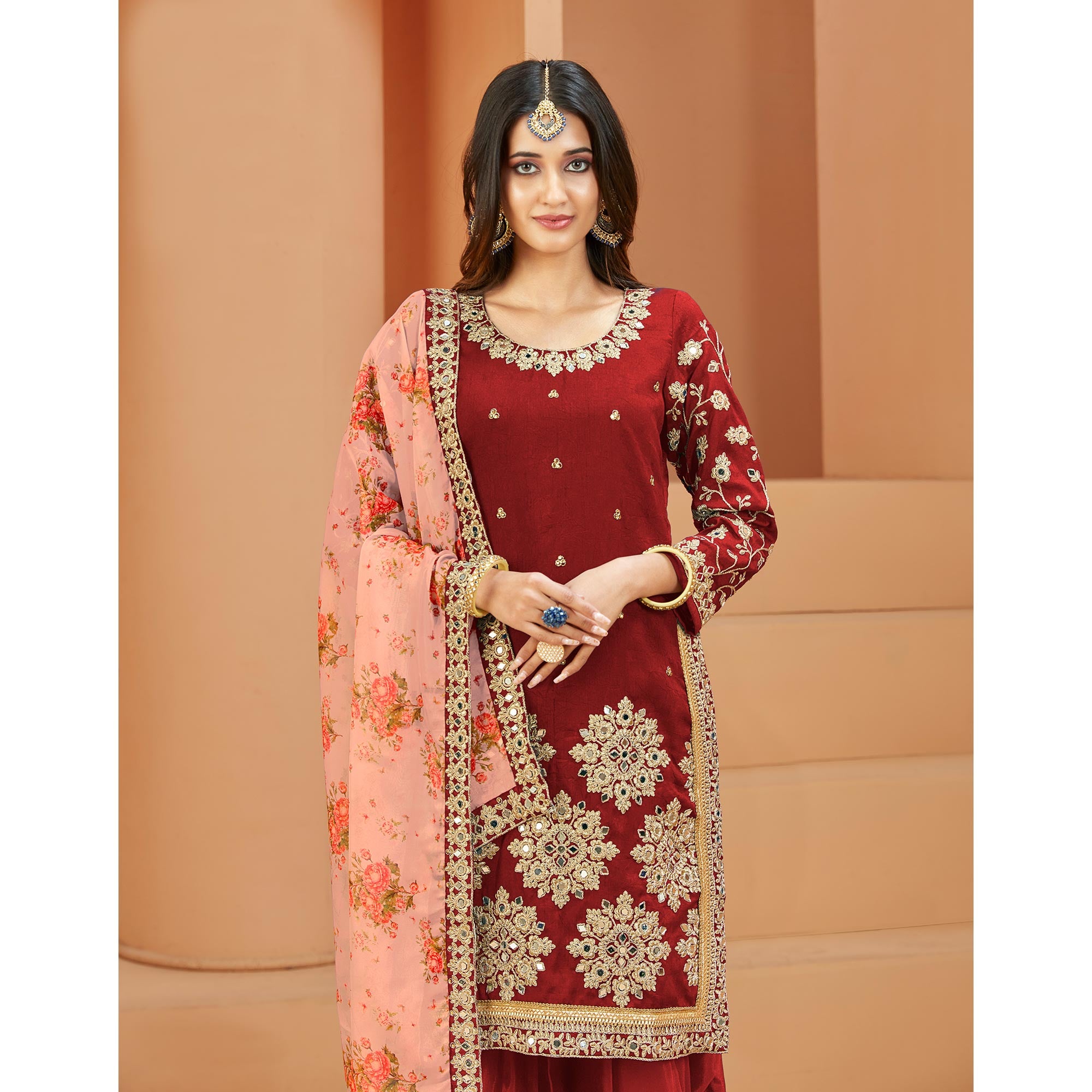 Red Floral Embroidered Art Silk Semi Stitched Patiala Suit