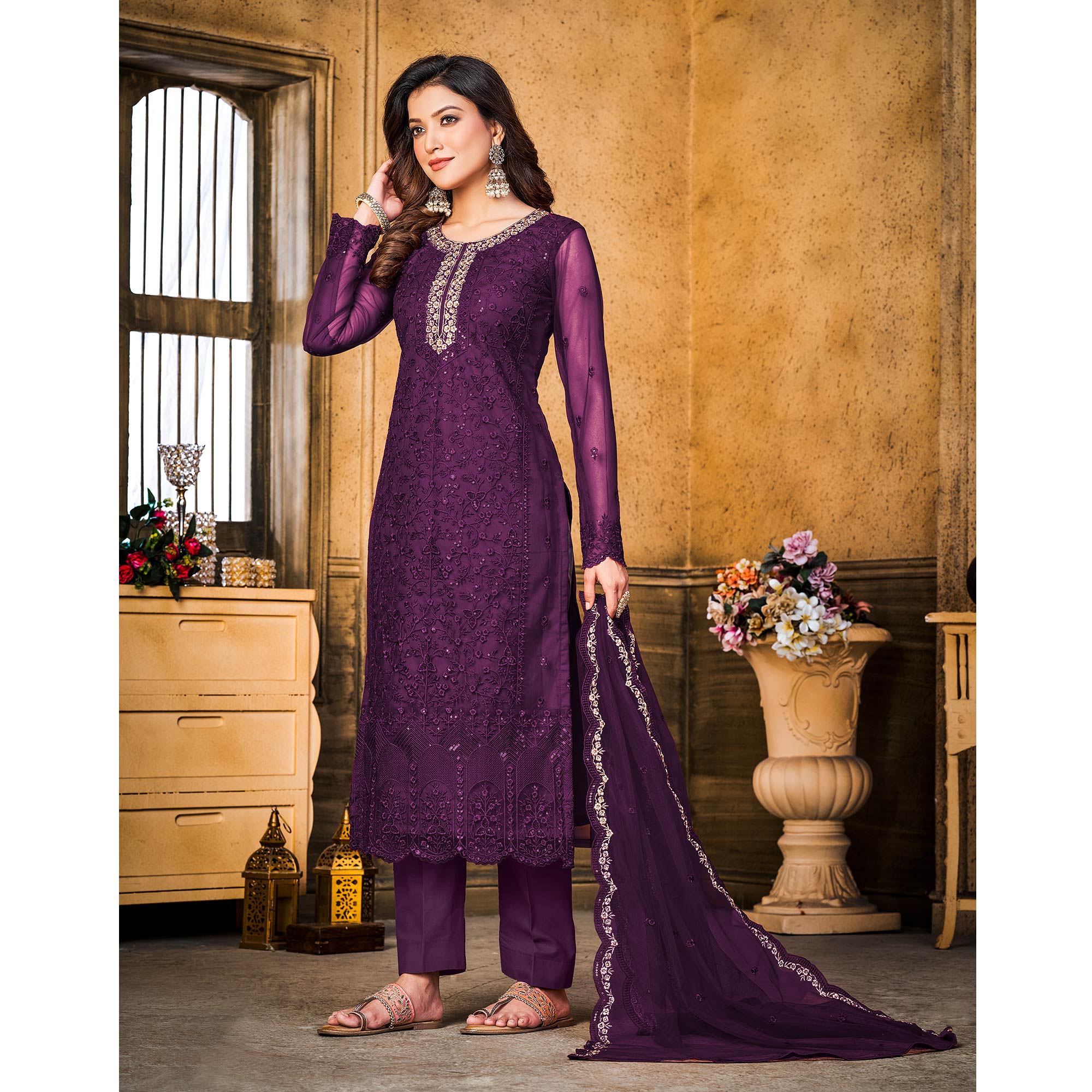 Purple Sequins Floral Embroidered Net Semi Stitched Suit