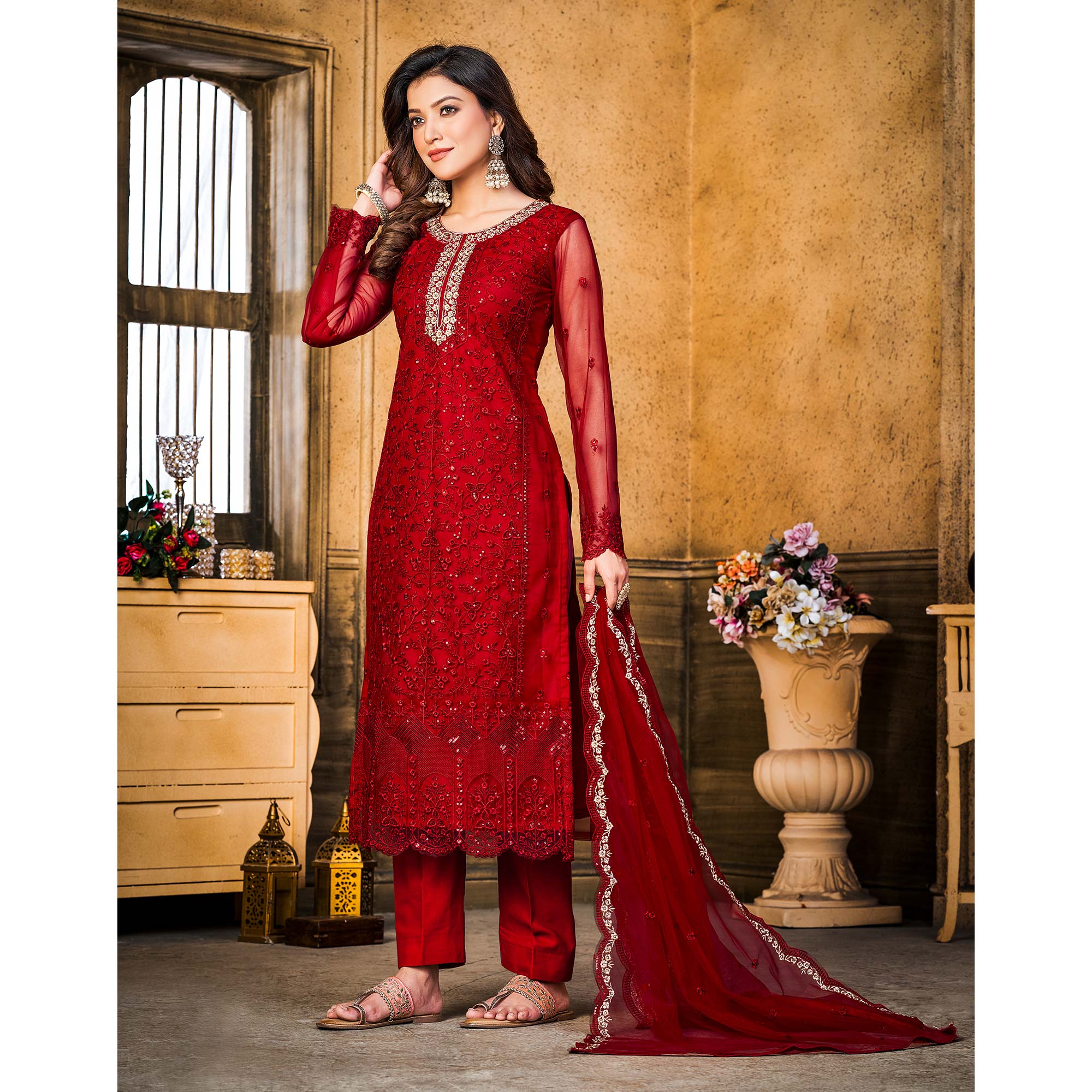Red Sequins Floral Embroidered Net Semi Stitched Suit