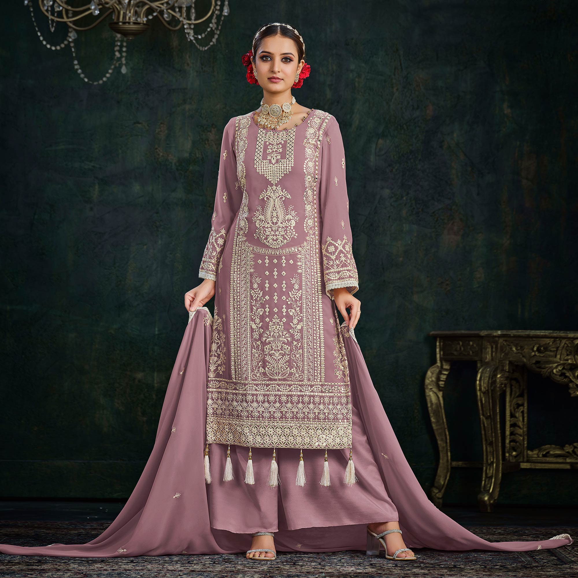 Mauve Floral Embroidered Georgette Semi Stitched Palazzo Suit