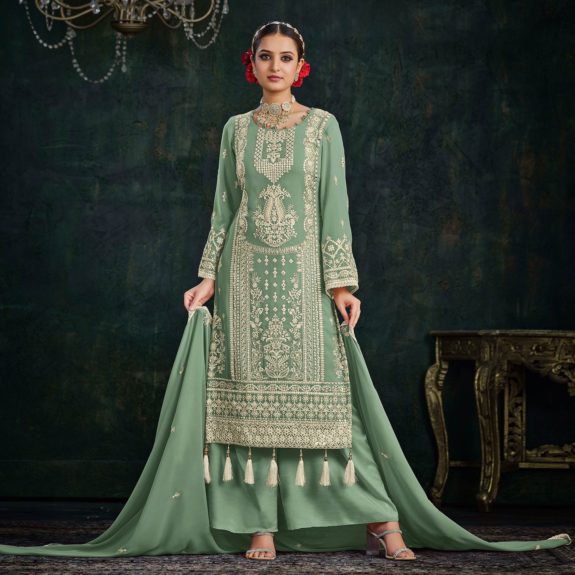 Green Floral Embroidered Georgette Semi Stitched Palazzo Suit