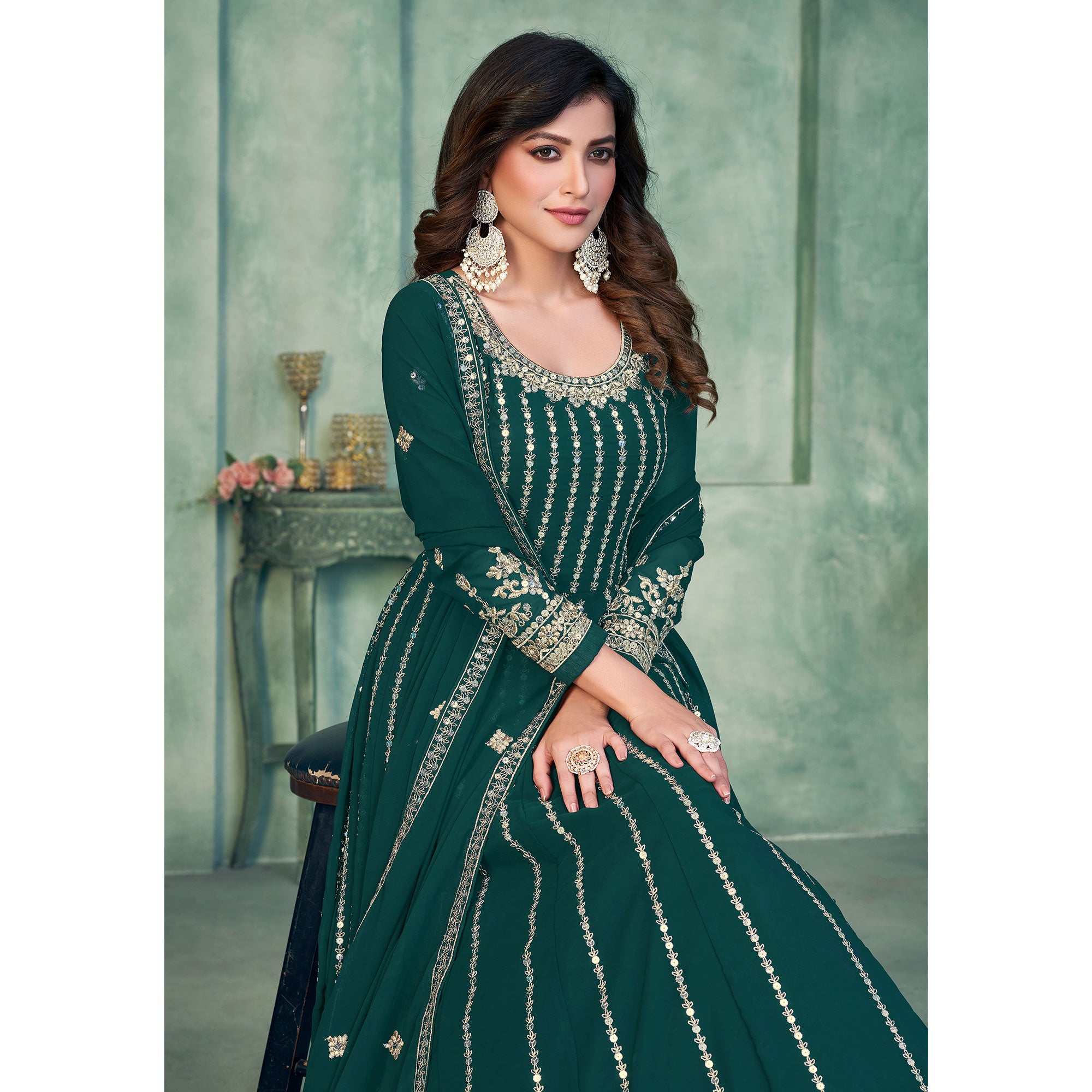 Rama Green Sequins Embroidered Georgette Semi Stitched Anarkali Suit