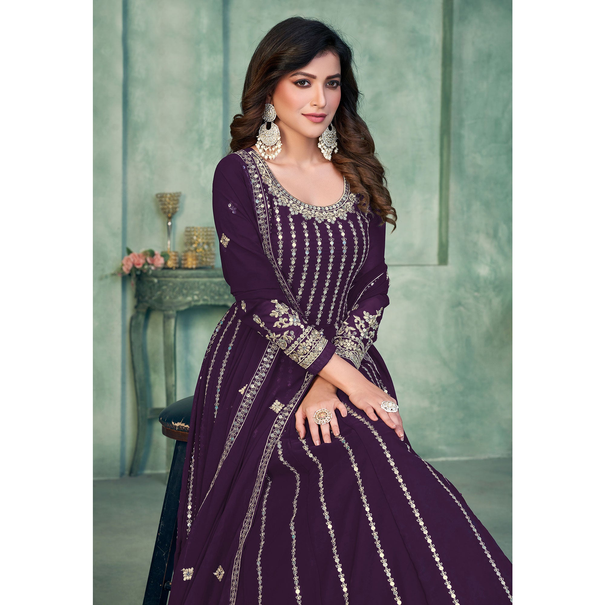 Purple Sequins Embroidered Georgette Semi Stitched Anarkali Suit