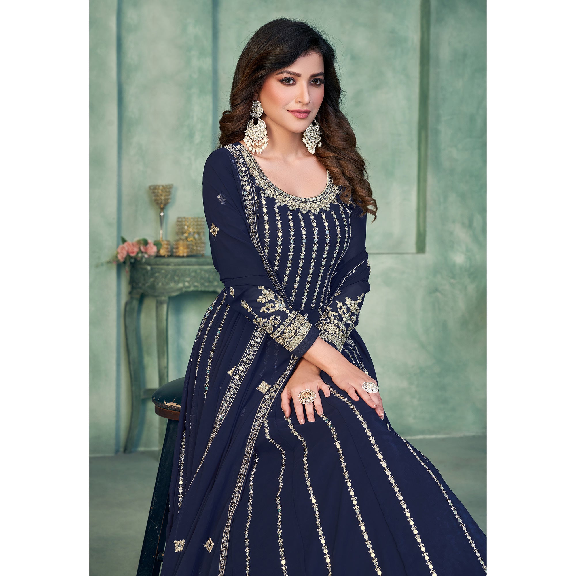 Blue Sequins Embroidered Georgette Semi Stitched Anarkali Suit