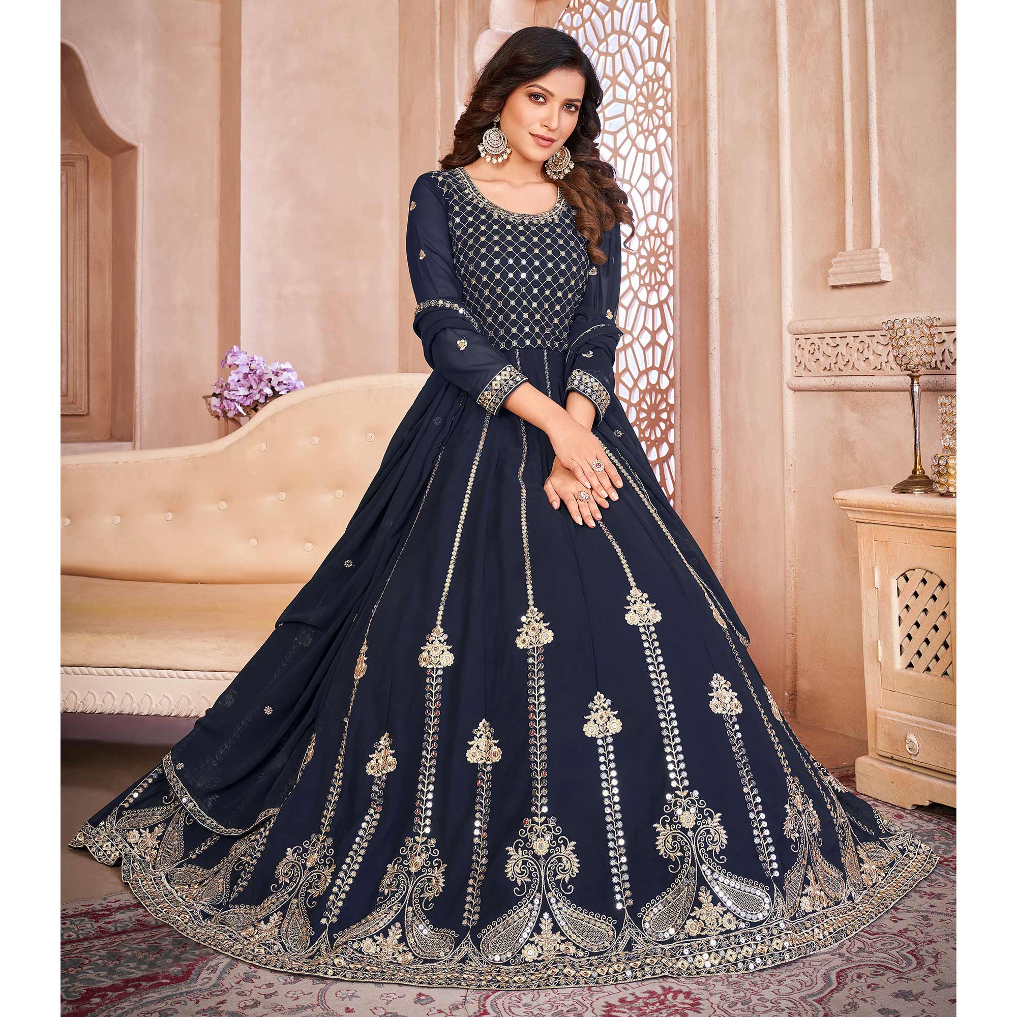 Blue Floral Sequins Embroidered Georgette Semi Stitched Anarkali Suit