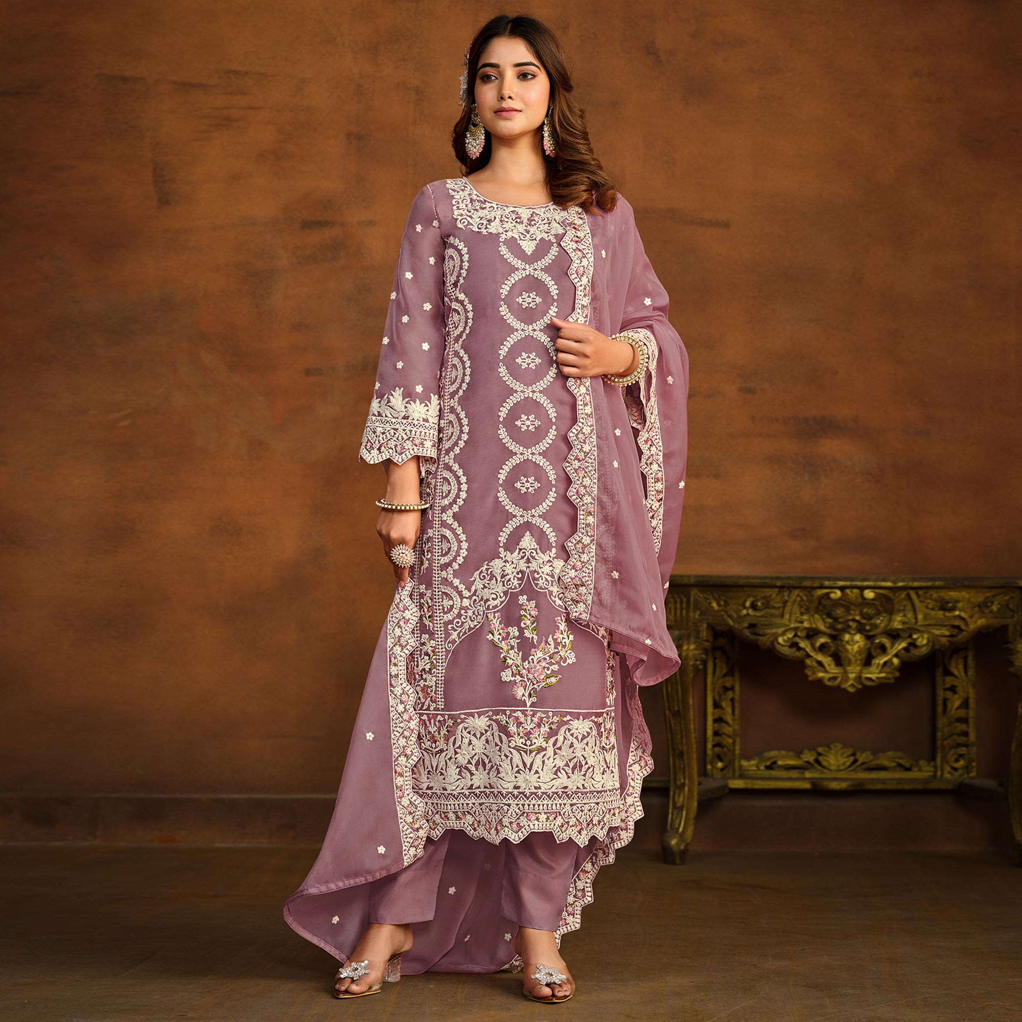 Mauve Floral Embroidered Soft Organza Semi Stithed Suit
