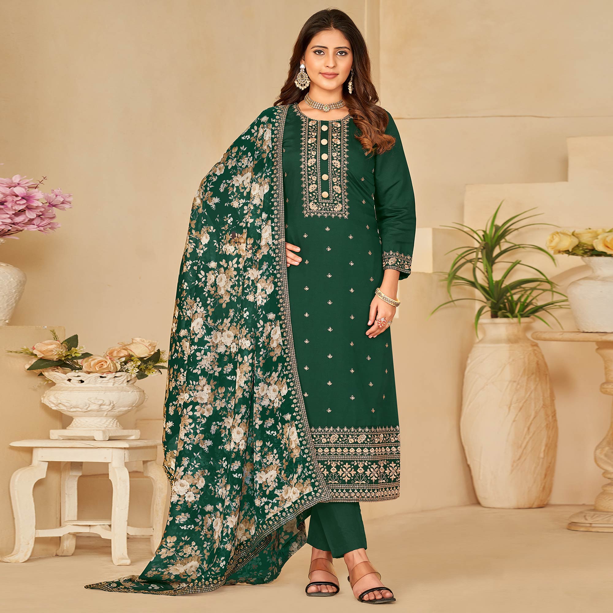 Green Embroidered Pure Silk Semi Stitched Suit
