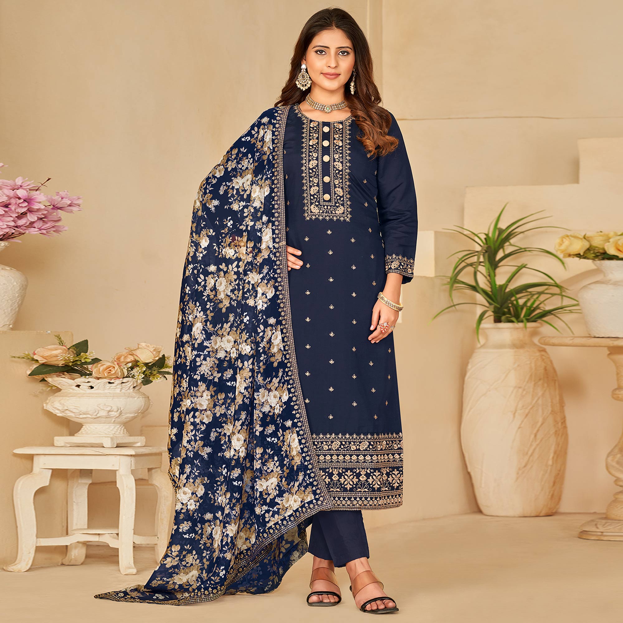 Blue Embroidered Pure Silk Semi Stitched Suit
